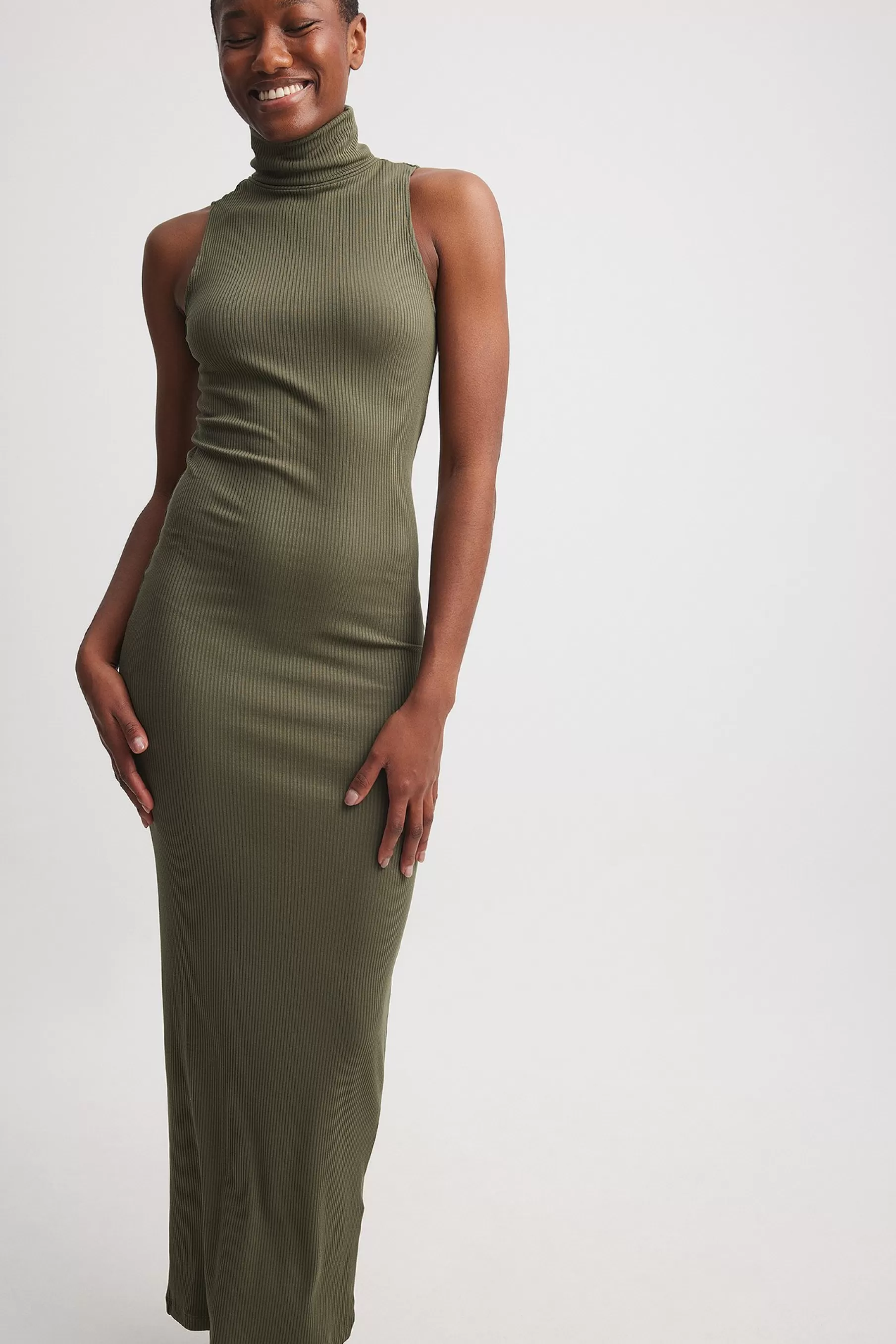 NA-KD High Neck Ribbed Maxi Dress Green