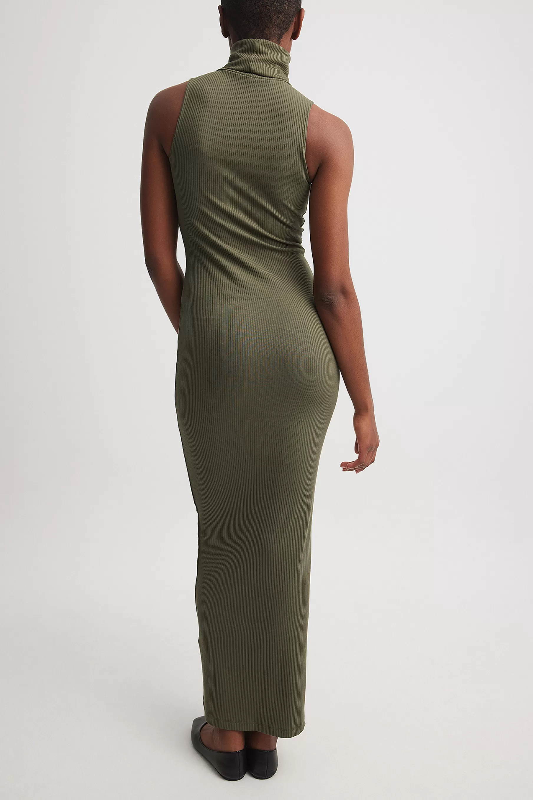 NA-KD High Neck Ribbed Maxi Dress Green