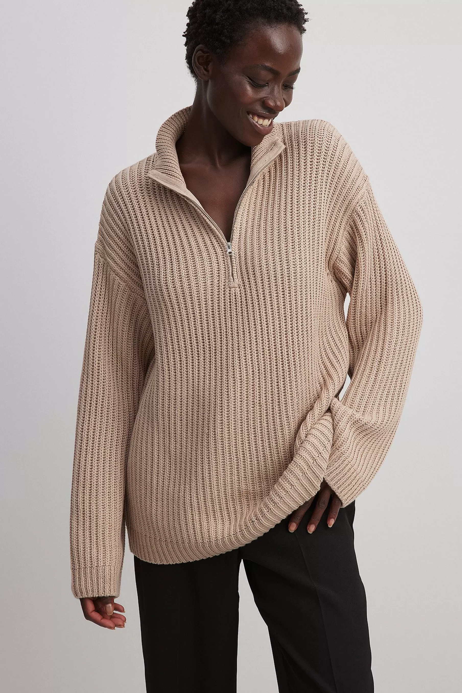 NA-KD High Neck Zipped Knitted Sweater Beige