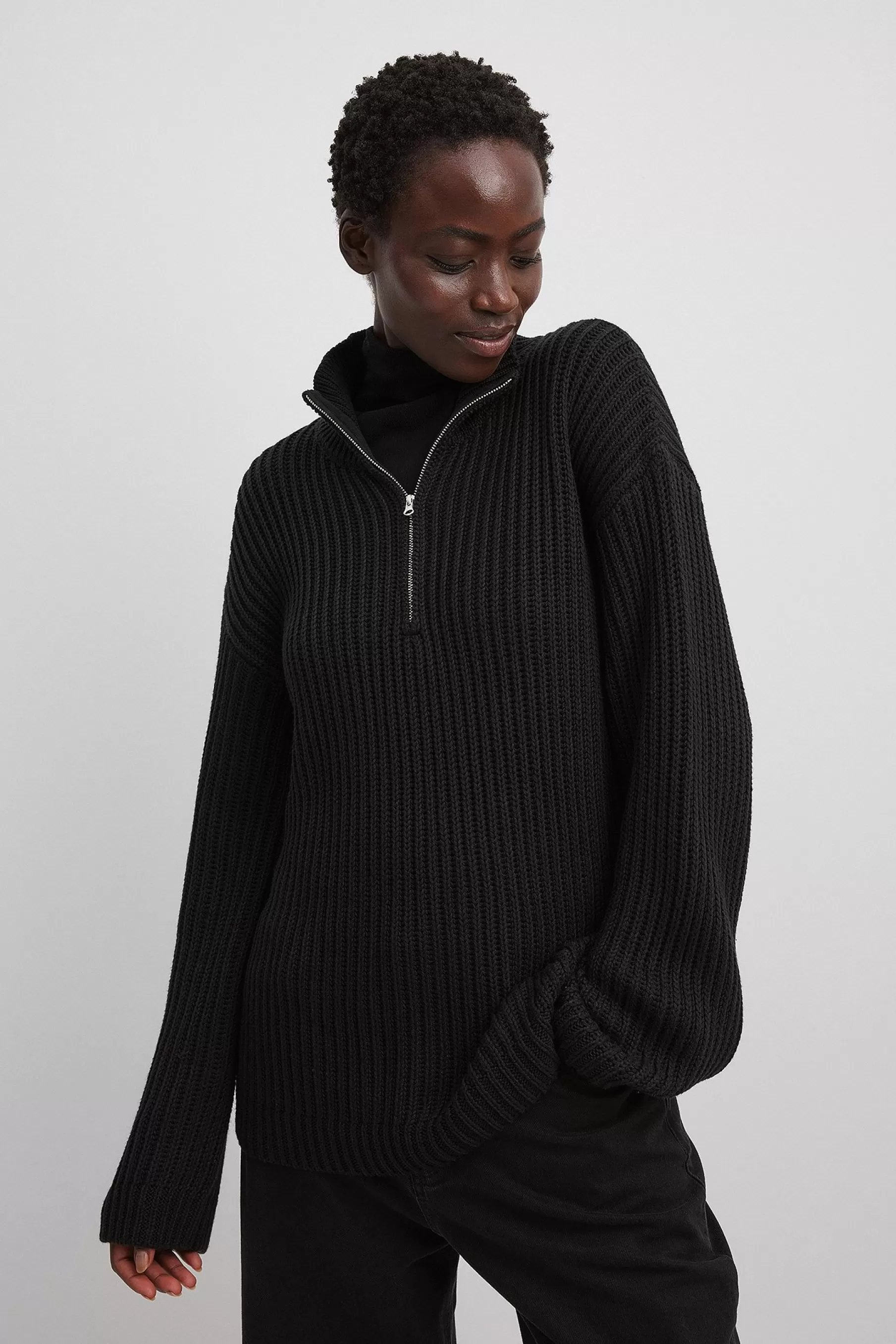 NA-KD High Neck Zipped Knitted Sweater Black