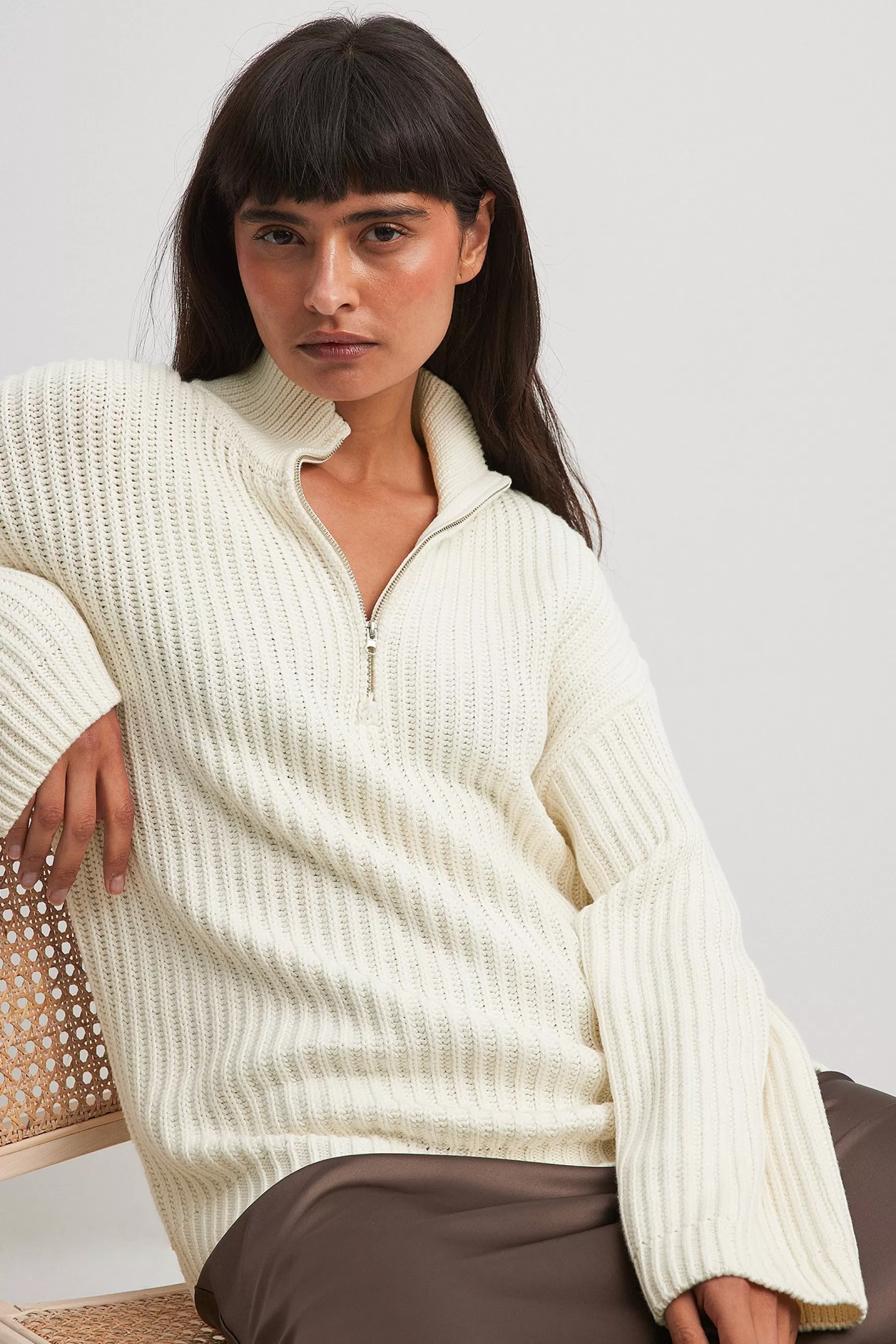 NA-KD High Neck Zipped Knitted Sweater Offwhite