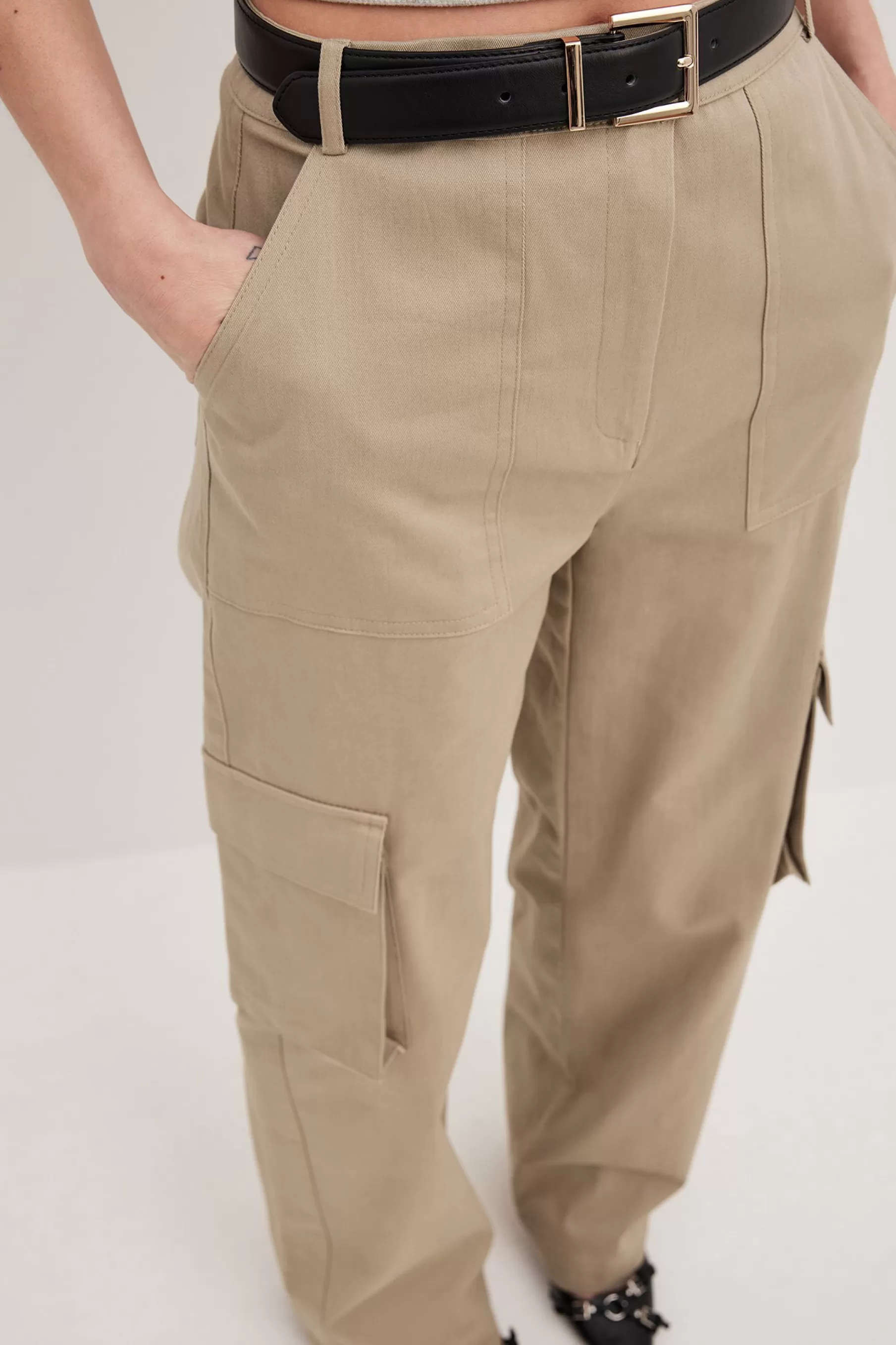 NA-KD High Waist Cargo Pocket Pants Beige