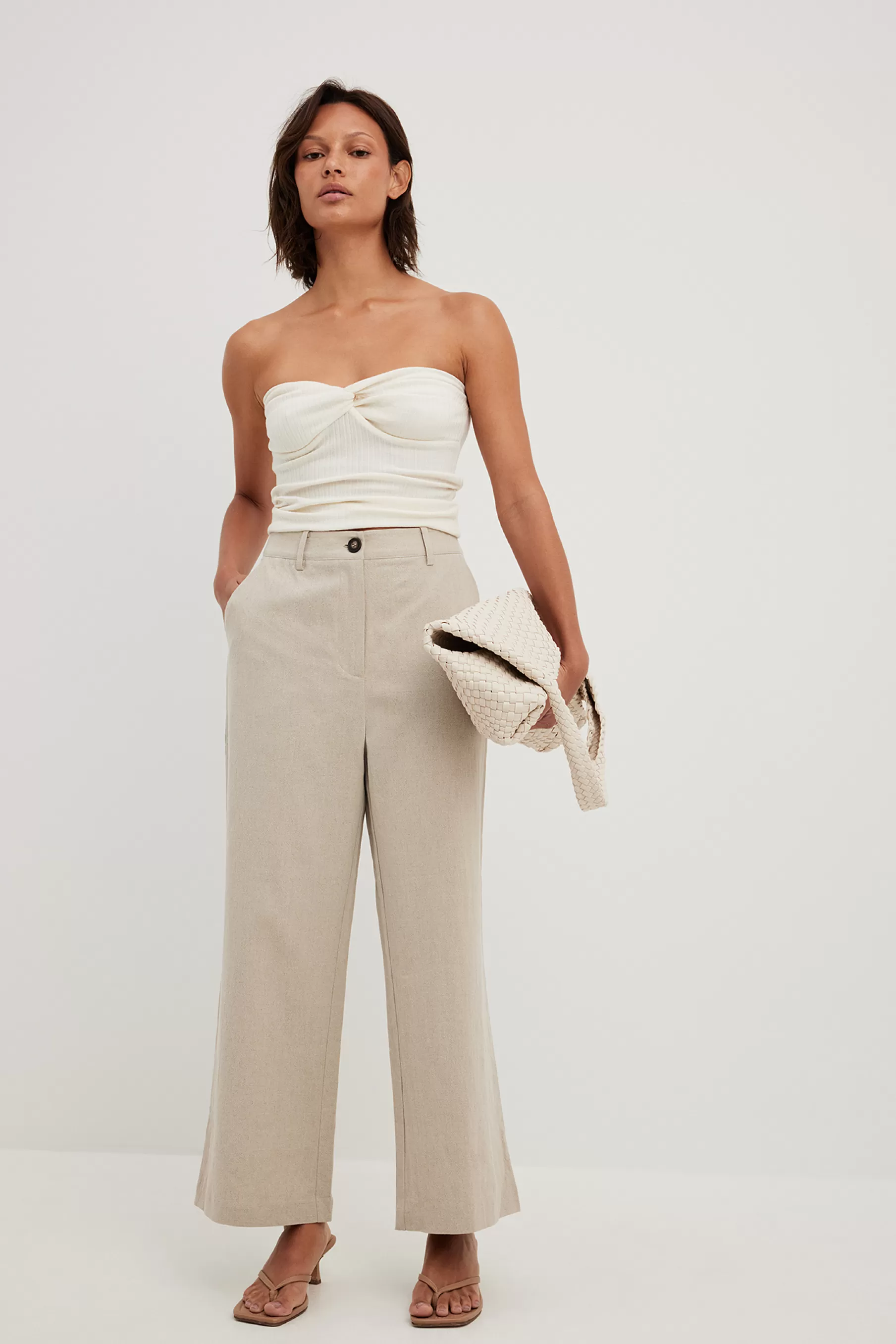 NA-KD High Waist Cropped Linen Blend Pants Beige