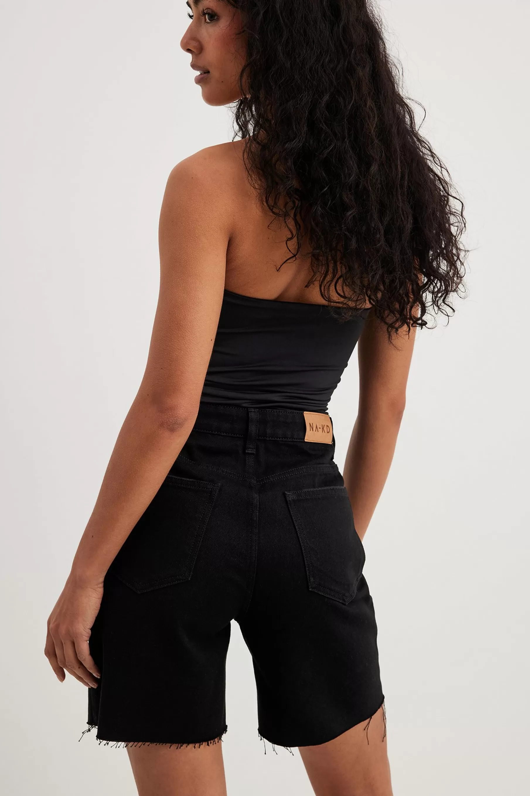 NA-KD High Waist Raw Hem Denim Shorts Black