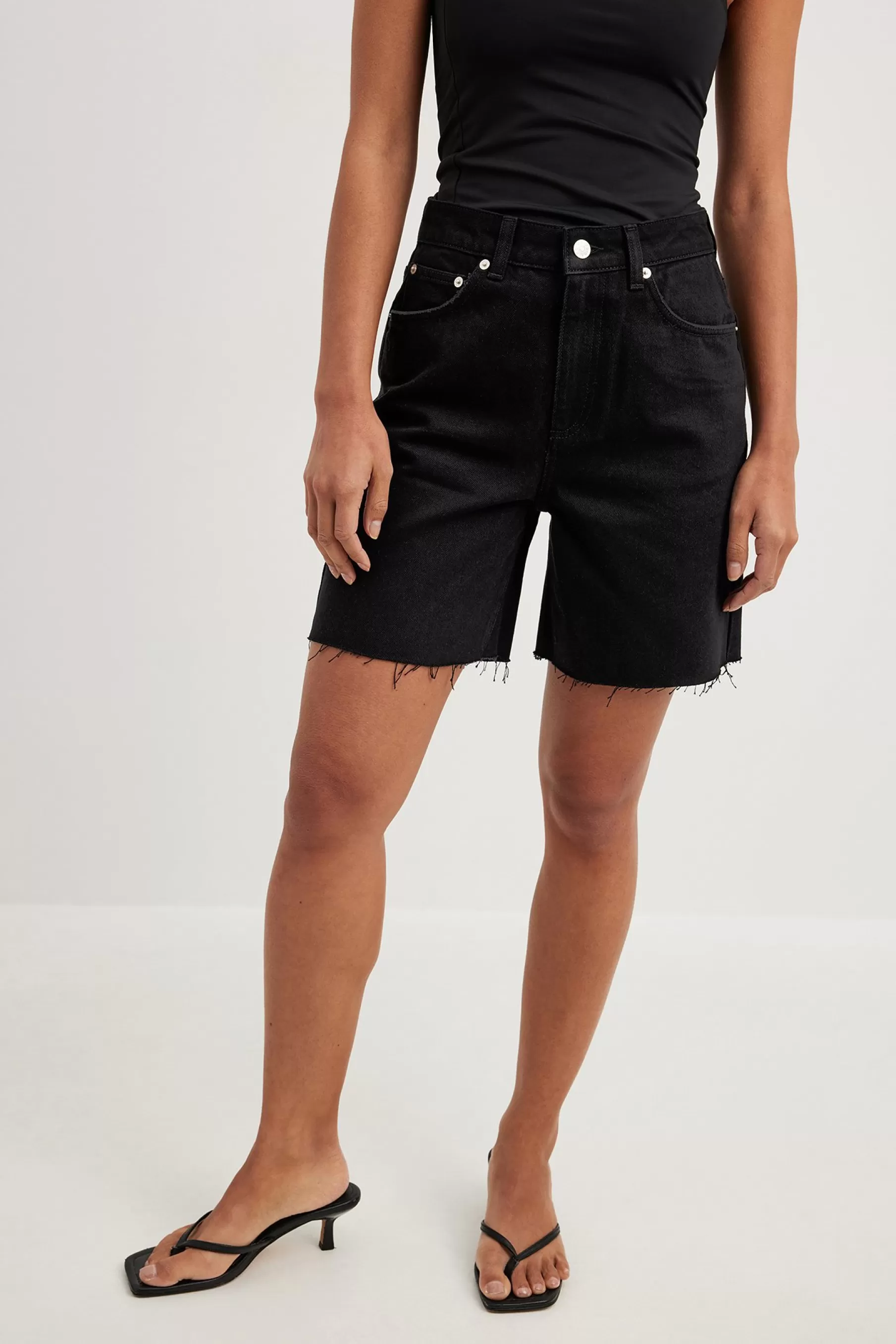 NA-KD High Waist Raw Hem Denim Shorts Black