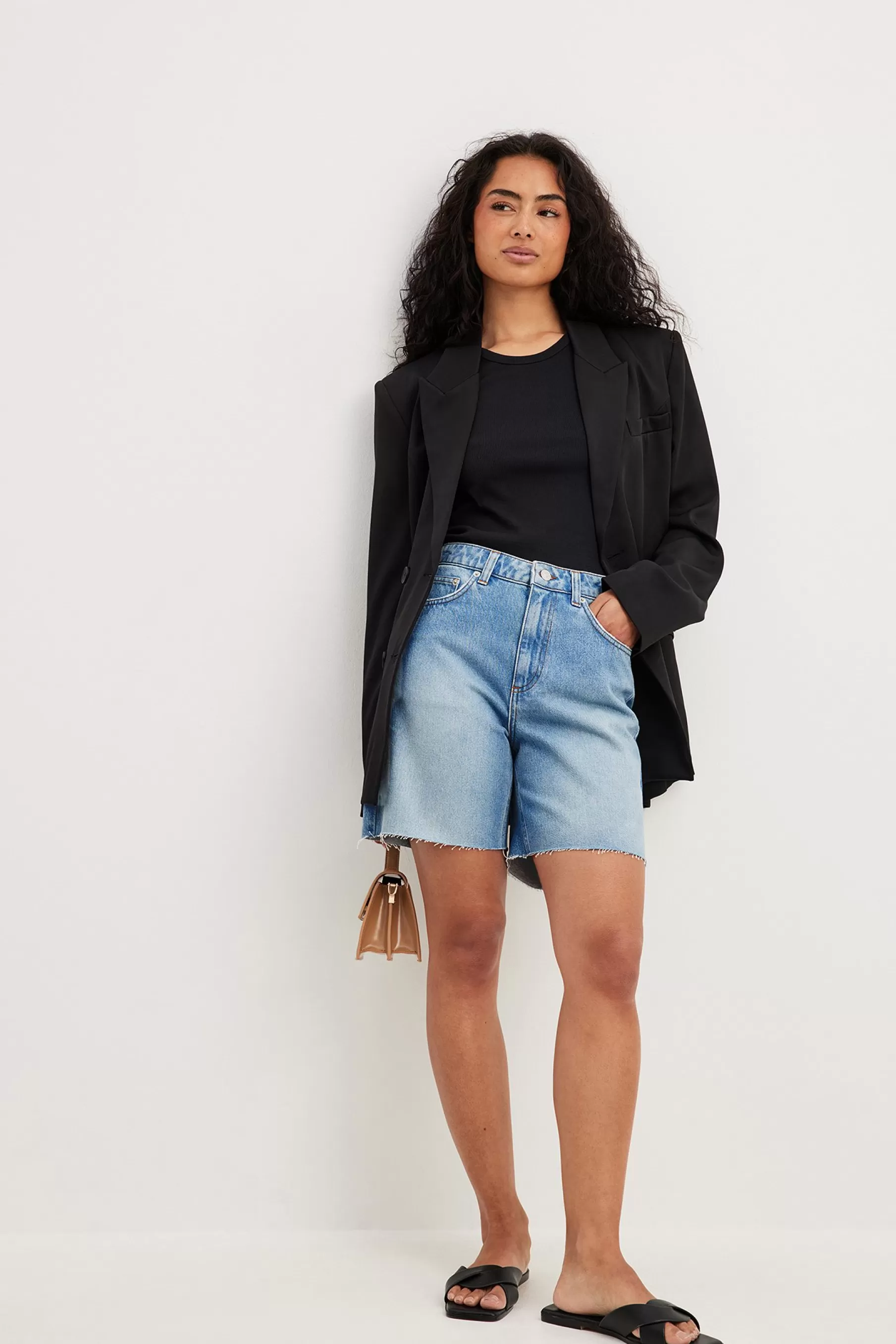 NA-KD High Waist Raw Hem Denim Shorts Blue