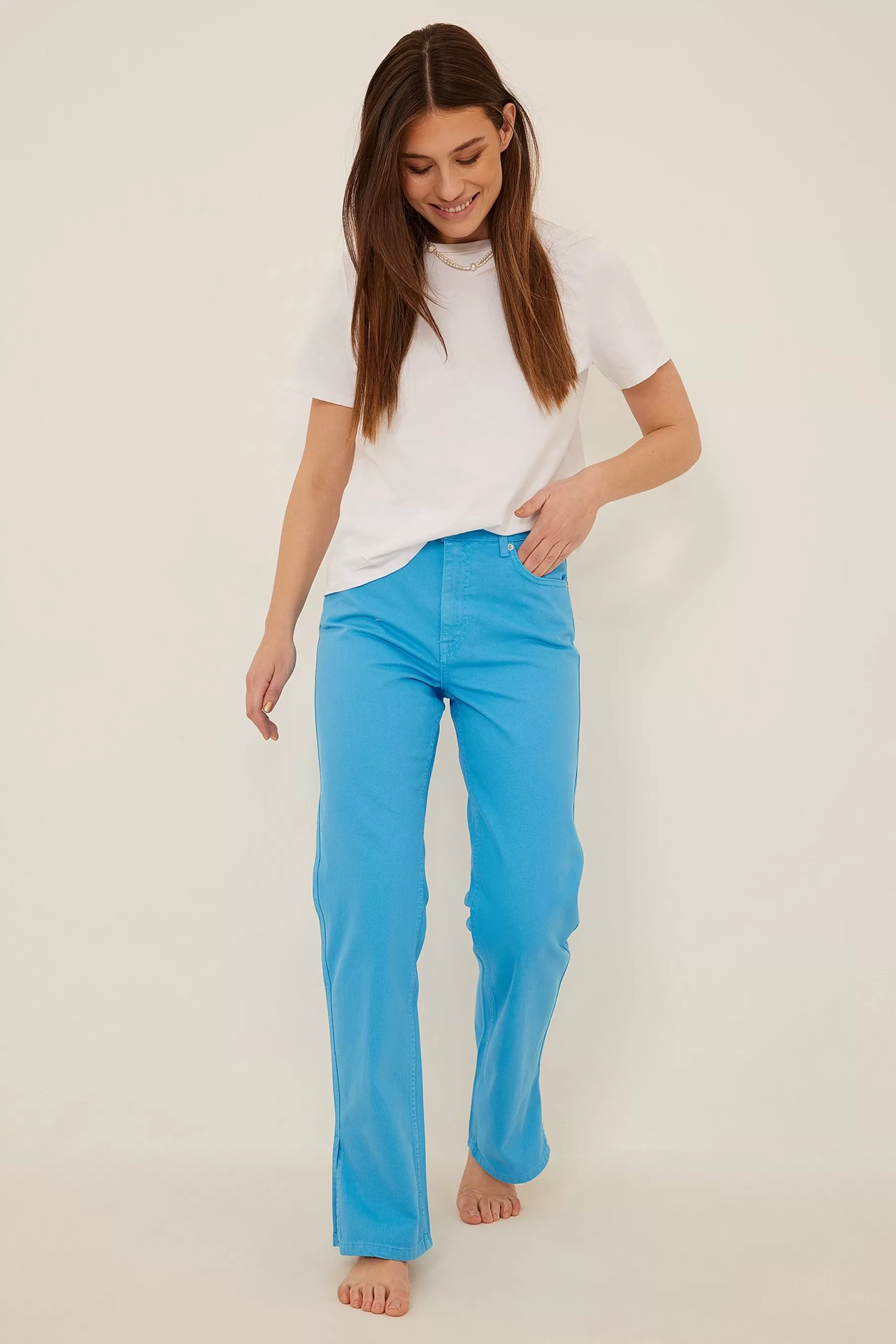 NA-KD High Waist Straight Side Slit Jeans Blue