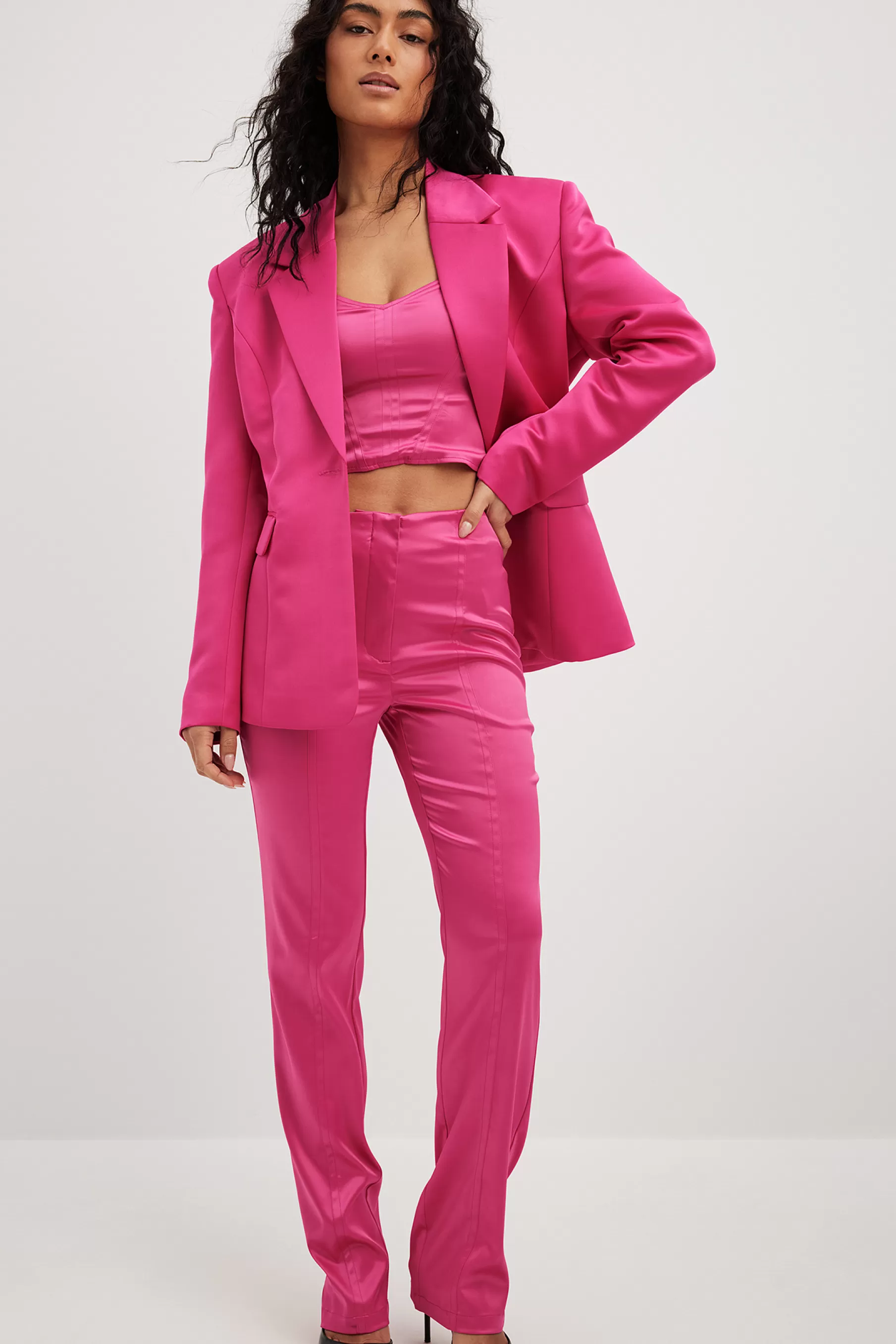 NA-KD High Waisted Satin Trousers Pink