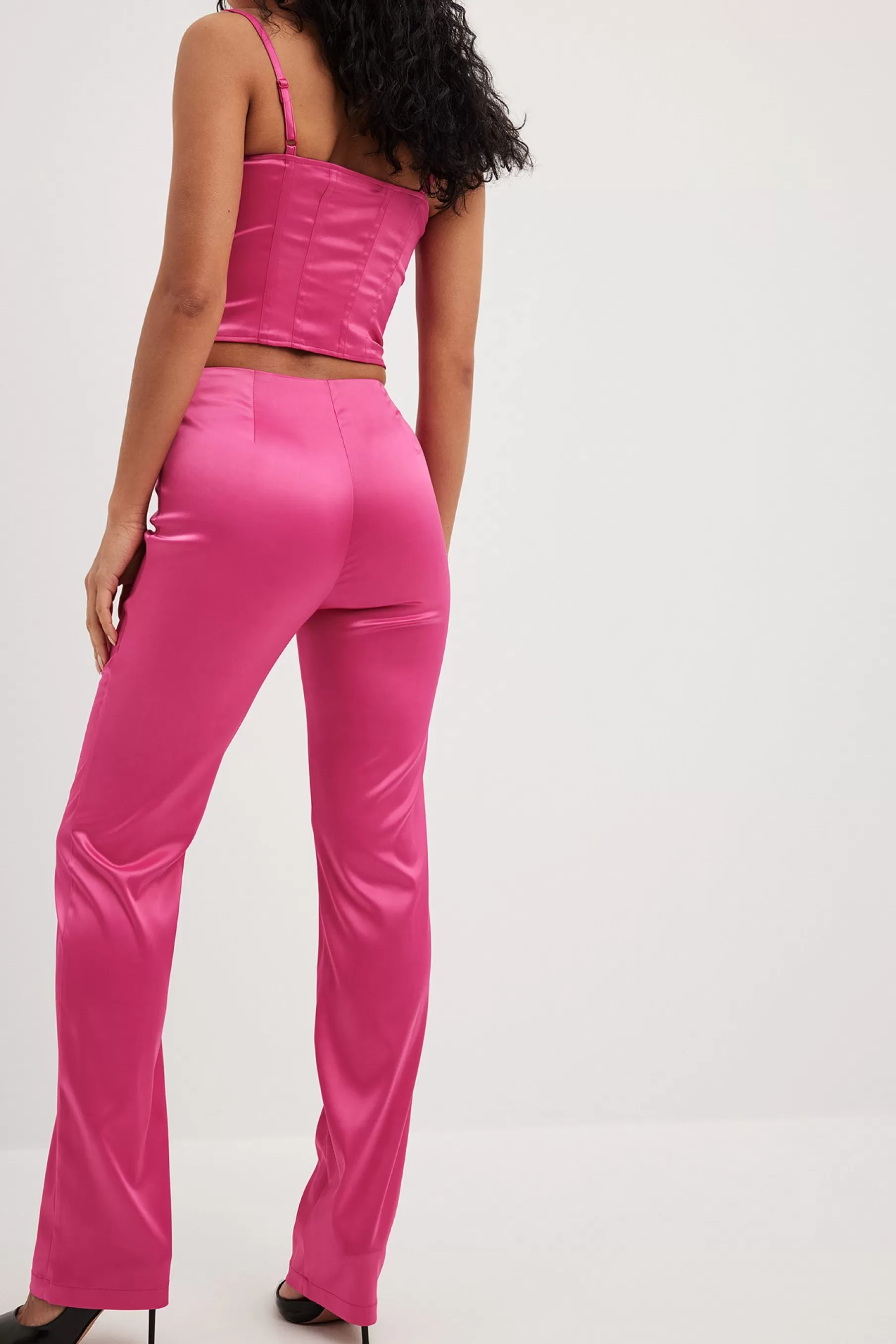 NA-KD High Waisted Satin Trousers Pink