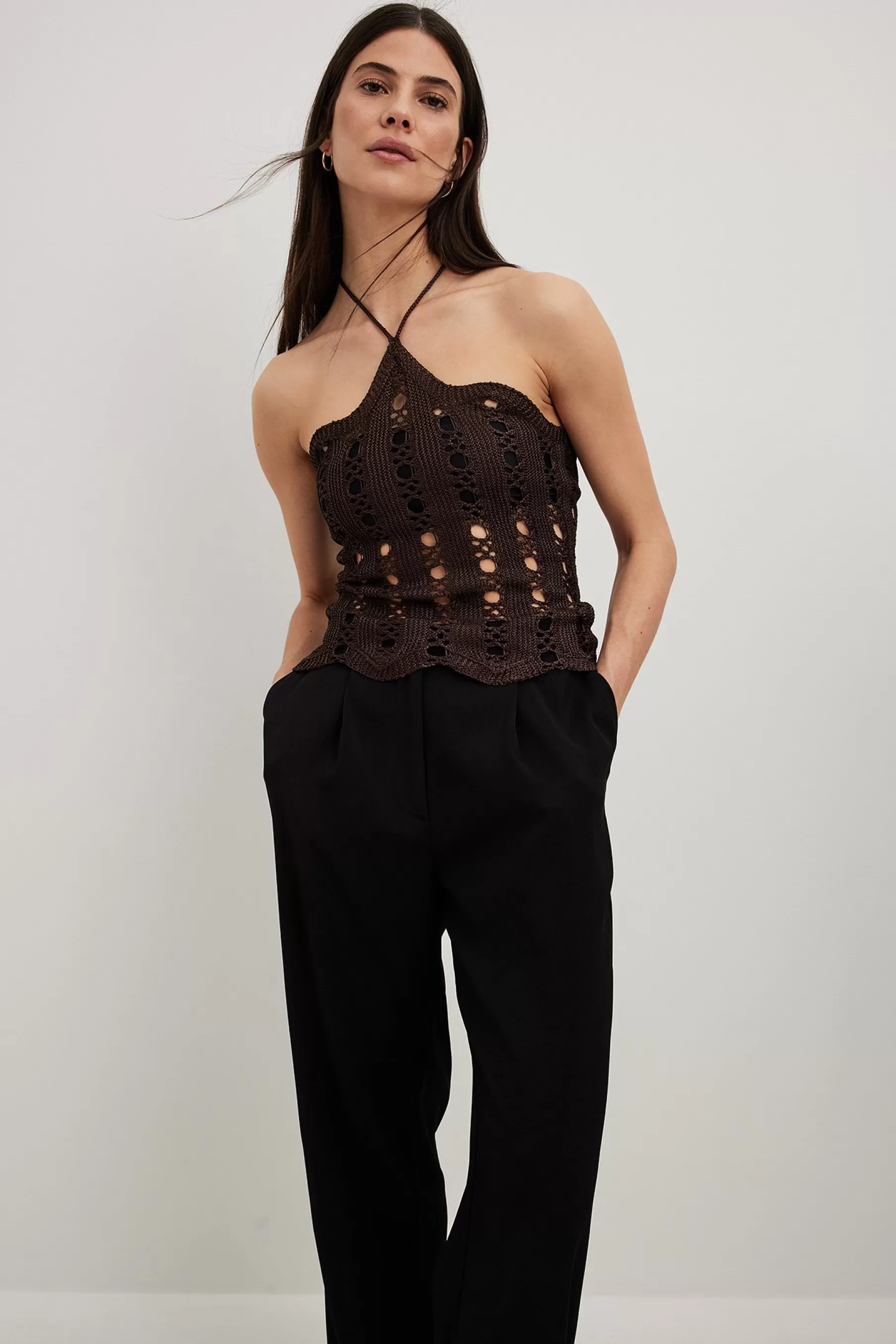 NA-KD Hole Knitted Halterneck Top Brown