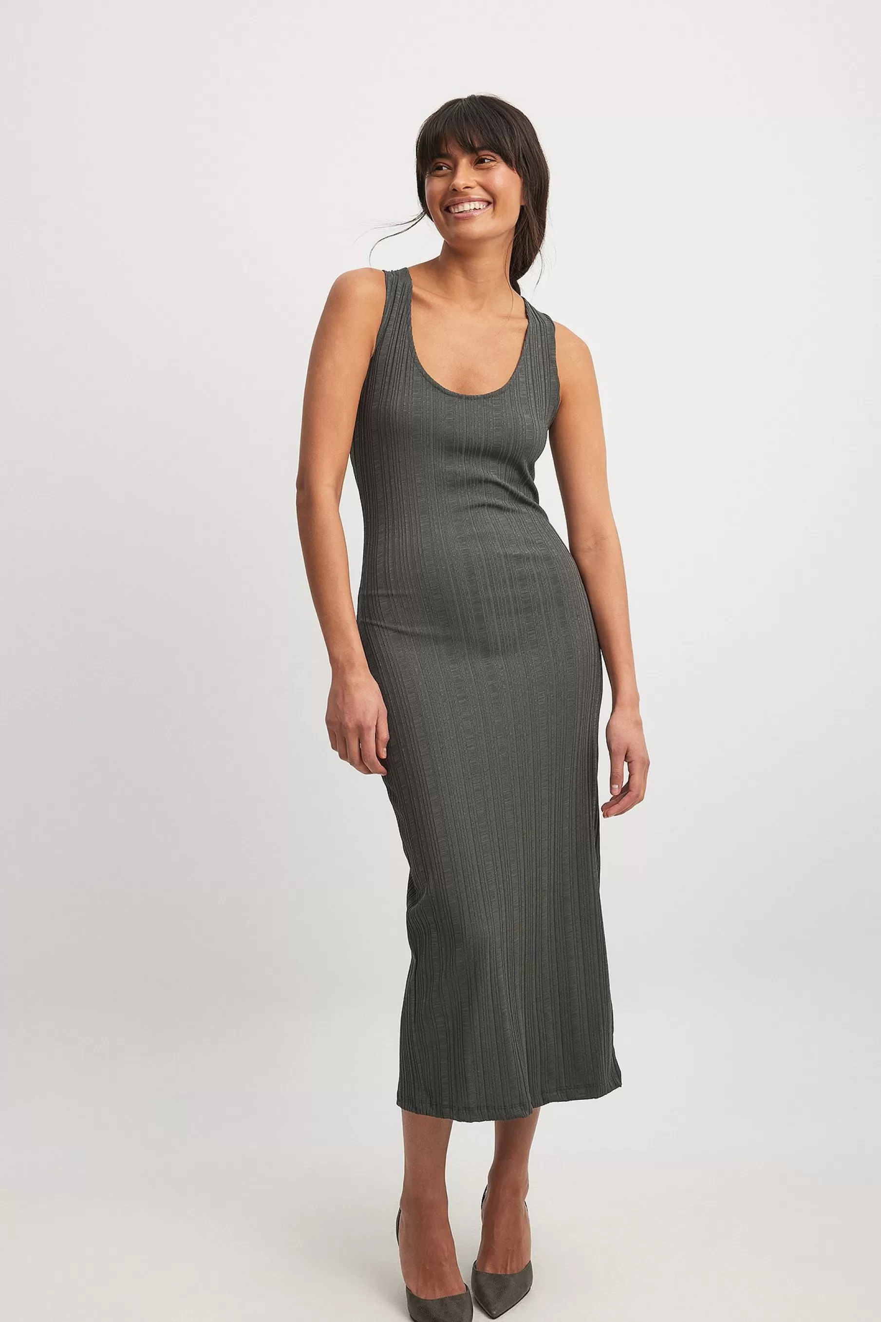 NA-KD Irregular Rib Midi Dress Grey