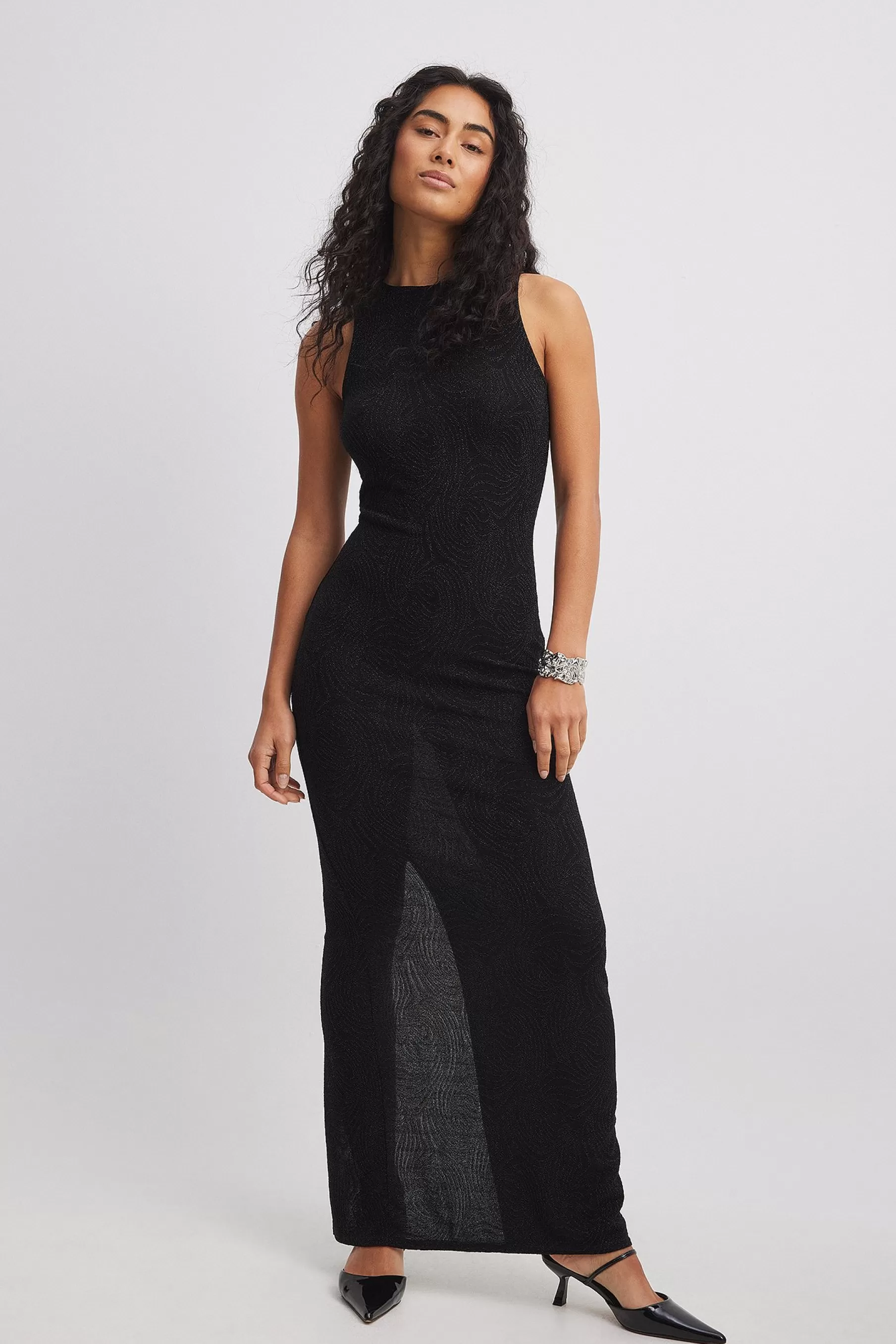 NA-KD Jacquard Glitter Sleeveless Maxi Dress Black