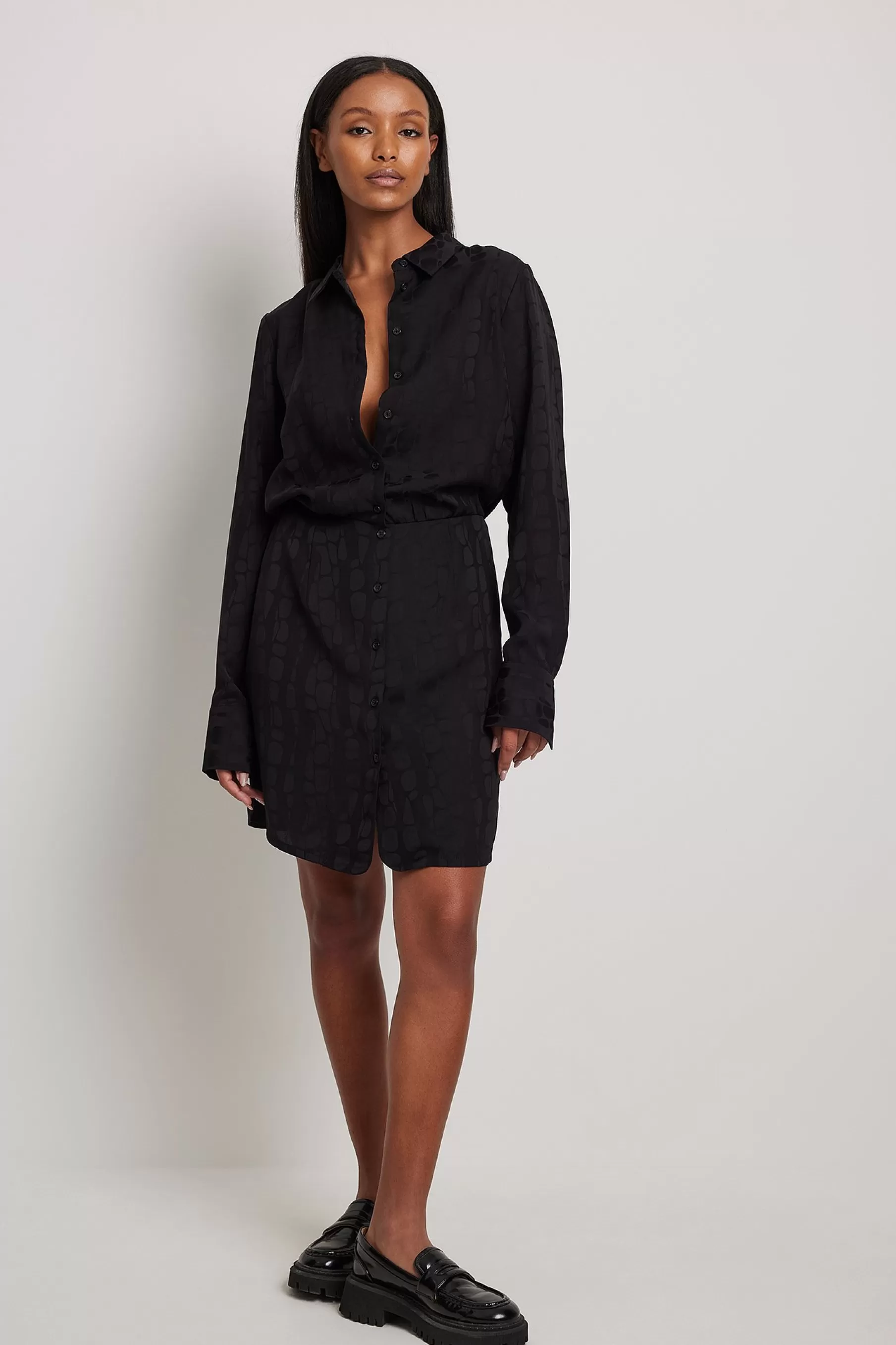 NA-KD Jacquard Satin Shirt Dress Black