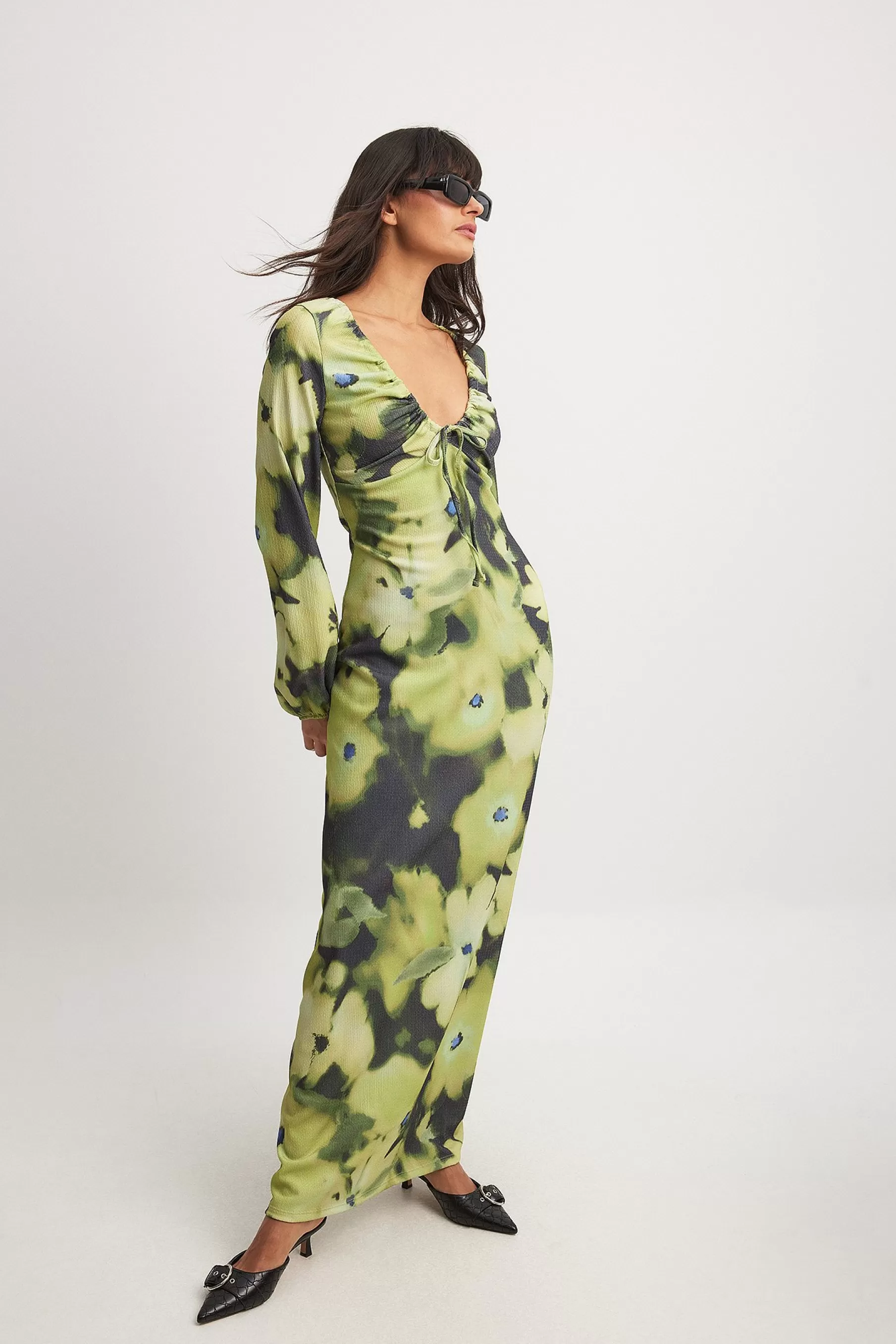 NA-KD Jersey Balloon Sleeve Midi Dress Green