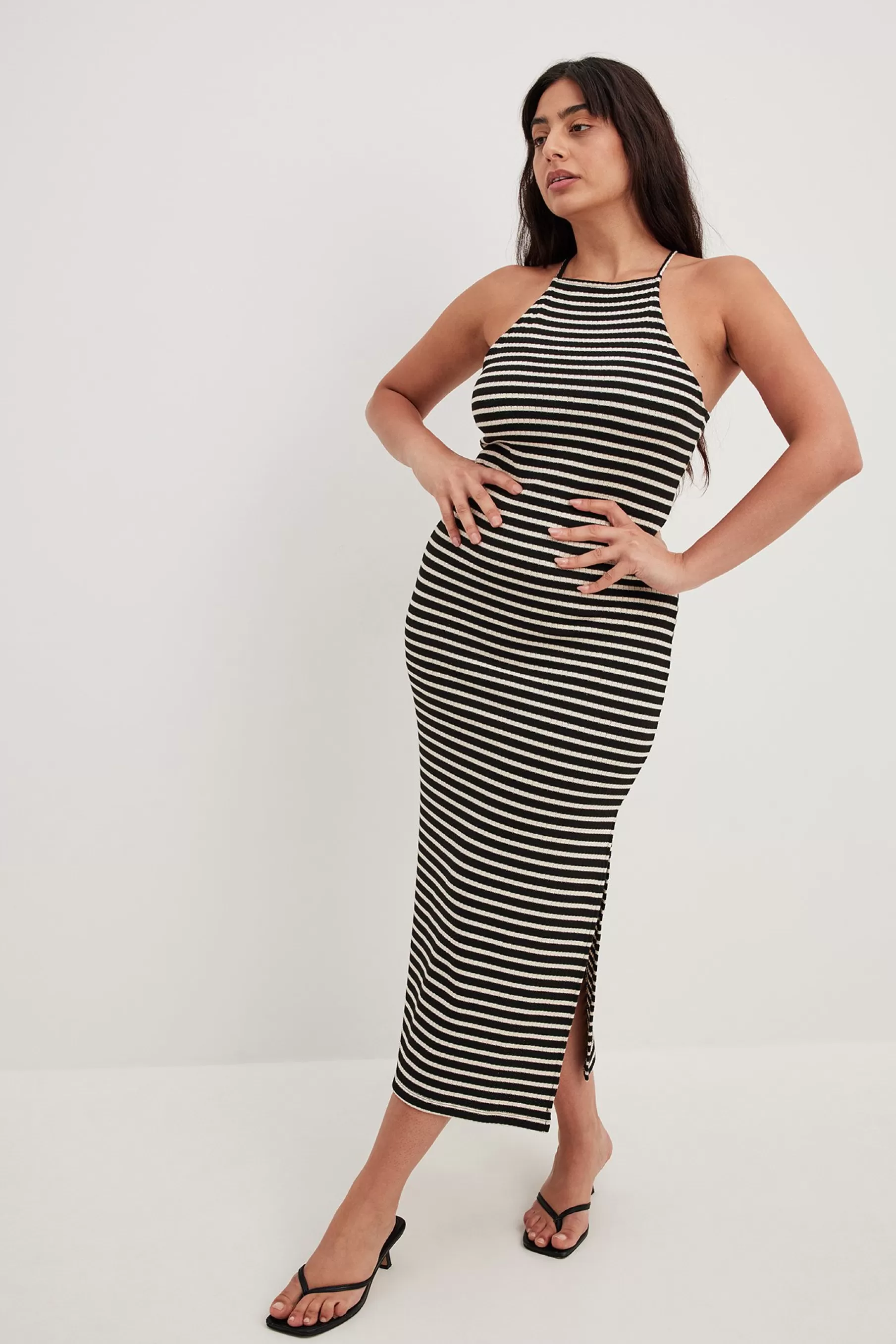 NA-KD Jersey Halterneck Midi Dress Stripe