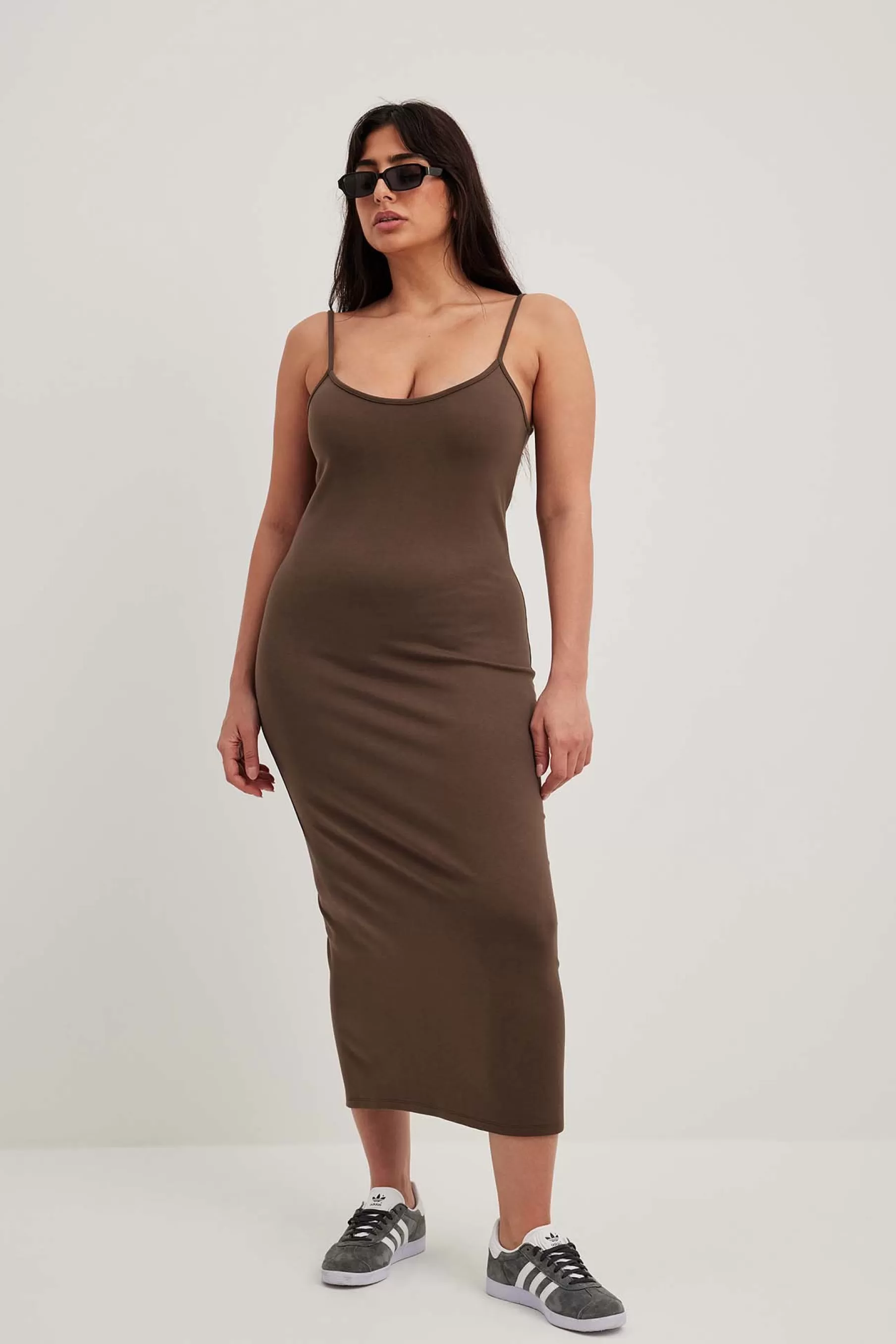 NA-KD Jersey Slip Midi Dress Brown