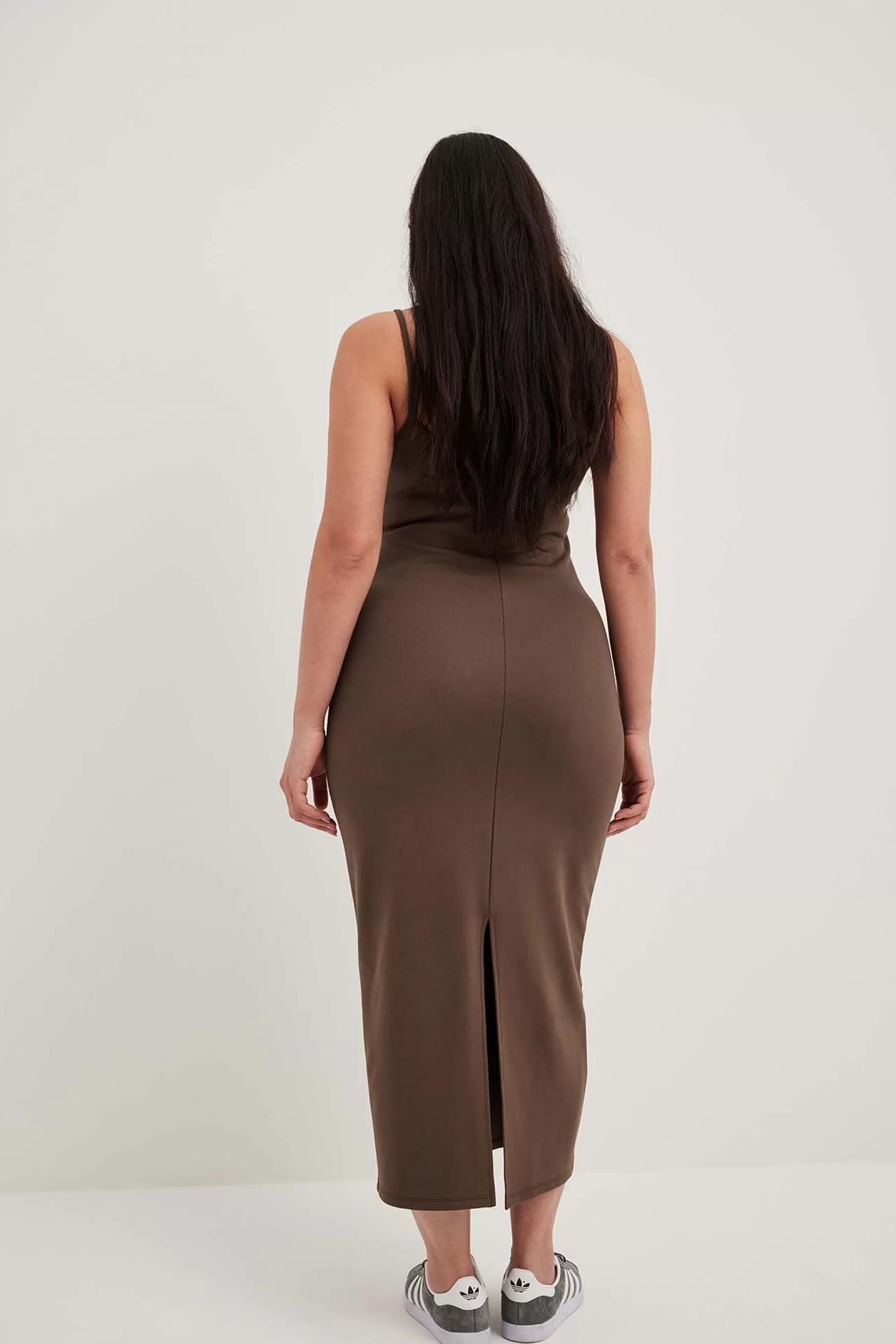 NA-KD Jersey Slip Midi Dress Brown