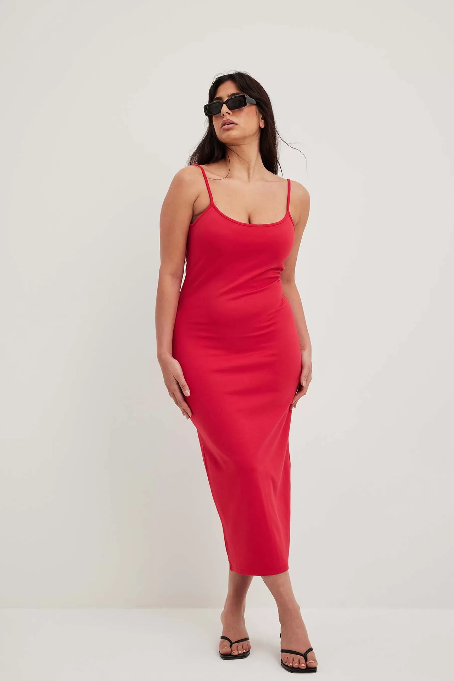 NA-KD Jersey Slip Midi Dress Red