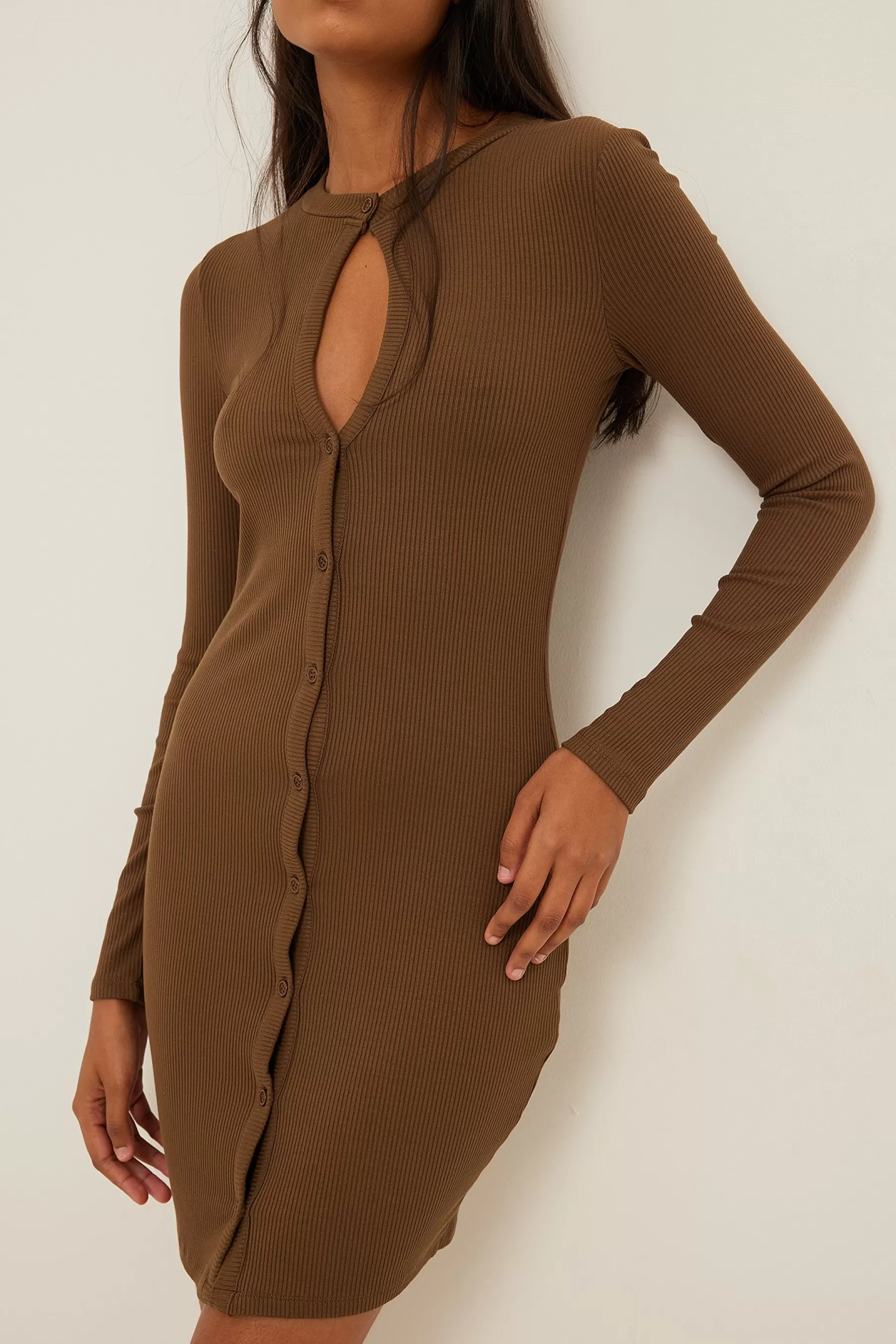 NA-KD Keyhole Button Detail Dress Brown