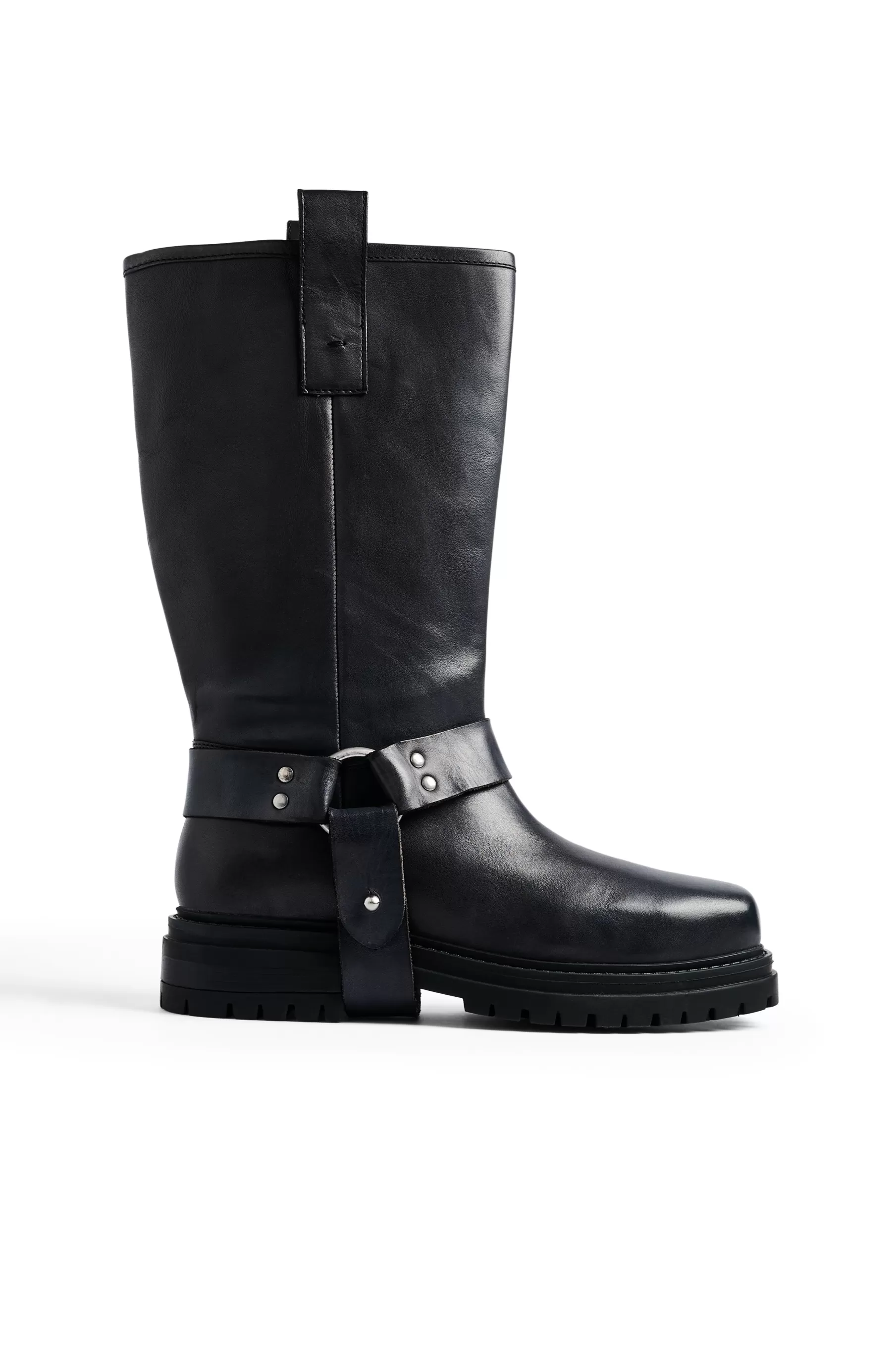 NA-KD Knee High Leather Biker Boots Black