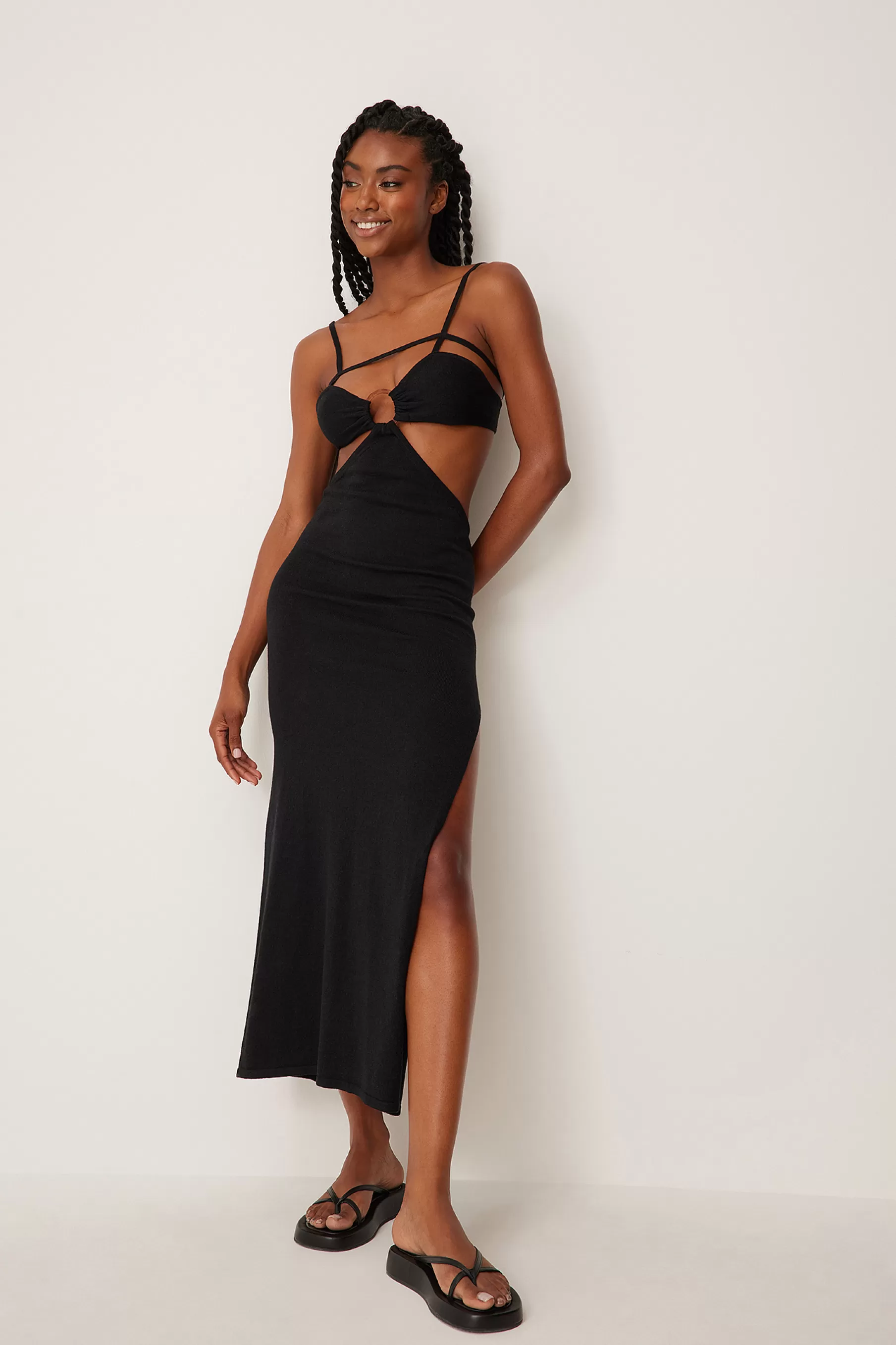 NA-KD Knitted Cut Out Detailed Midi Dress Black