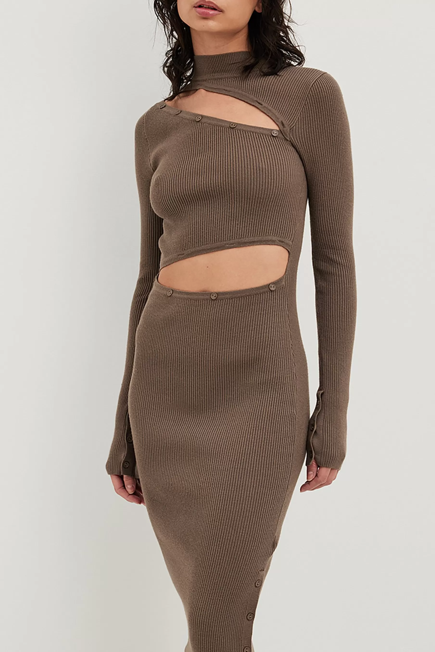 NA-KD Knitted Cut Out Dress Brown