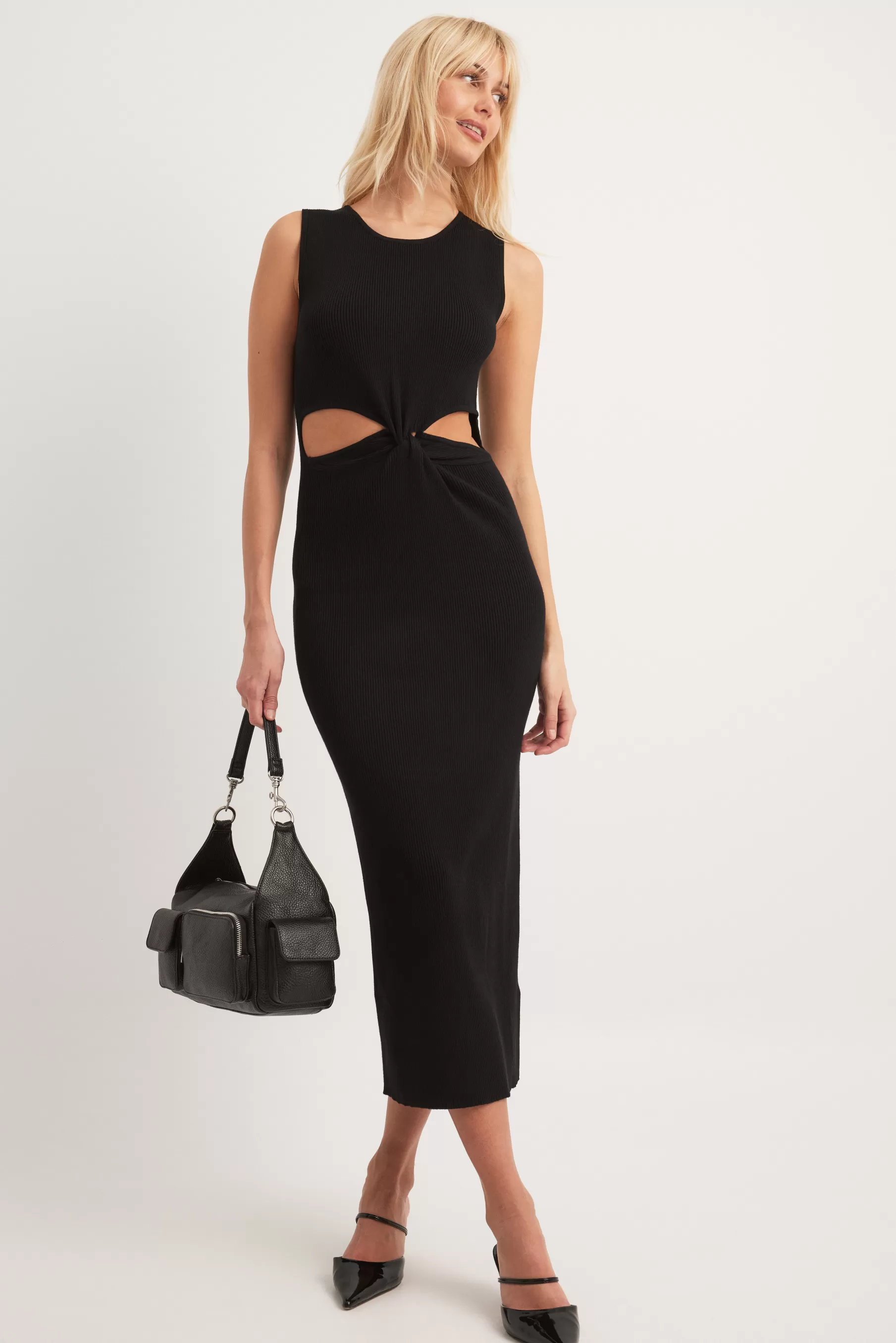 NA-KD Knitted Cut Out Midi Dress Black