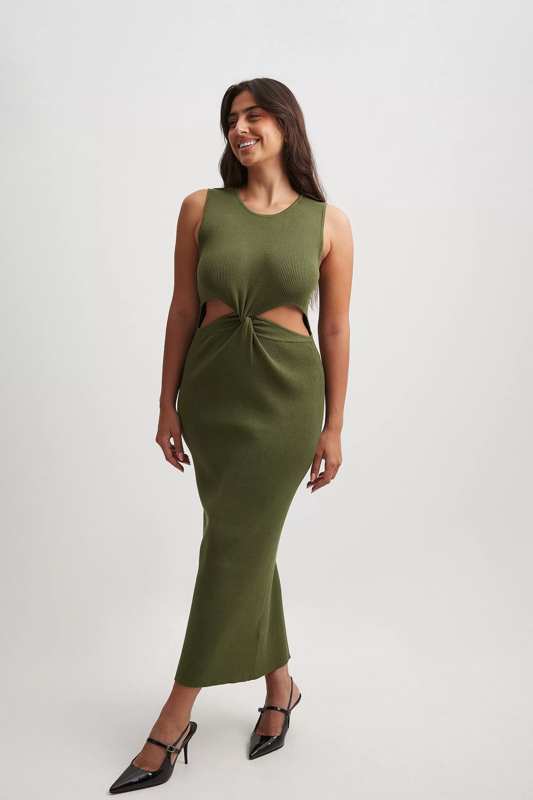 NA-KD Knitted Cut Out Midi Dress Green