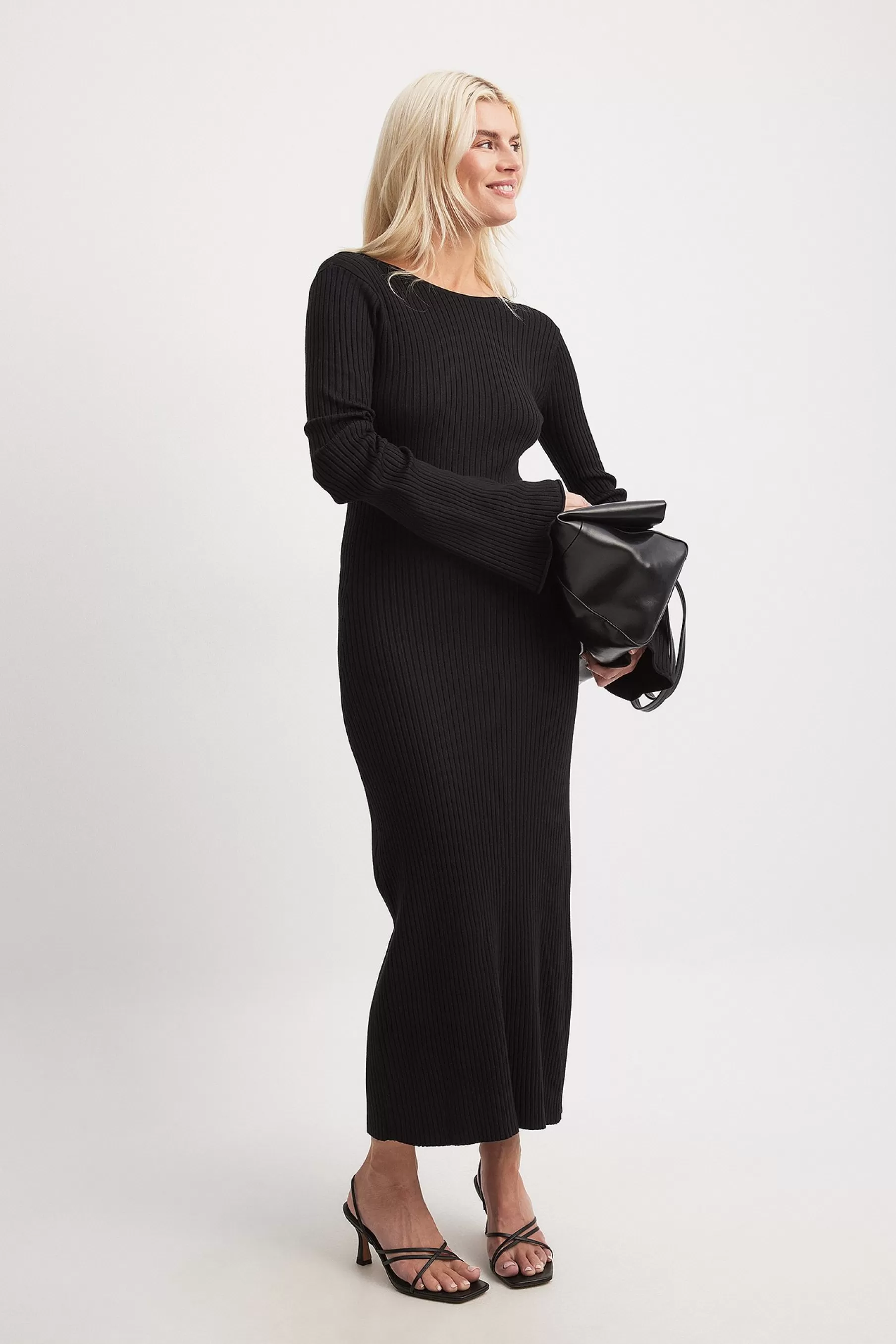 NA-KD Knitted Deep Back Maxi Dress Black