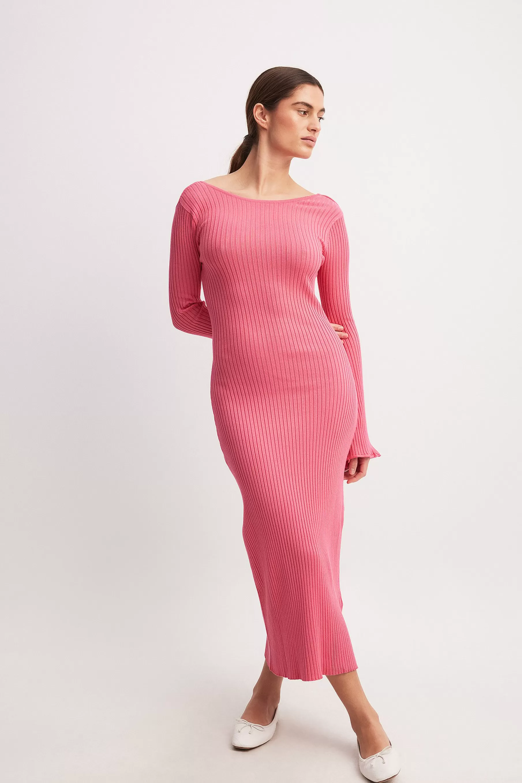 NA-KD Knitted Deep Back Maxi Dress Pink