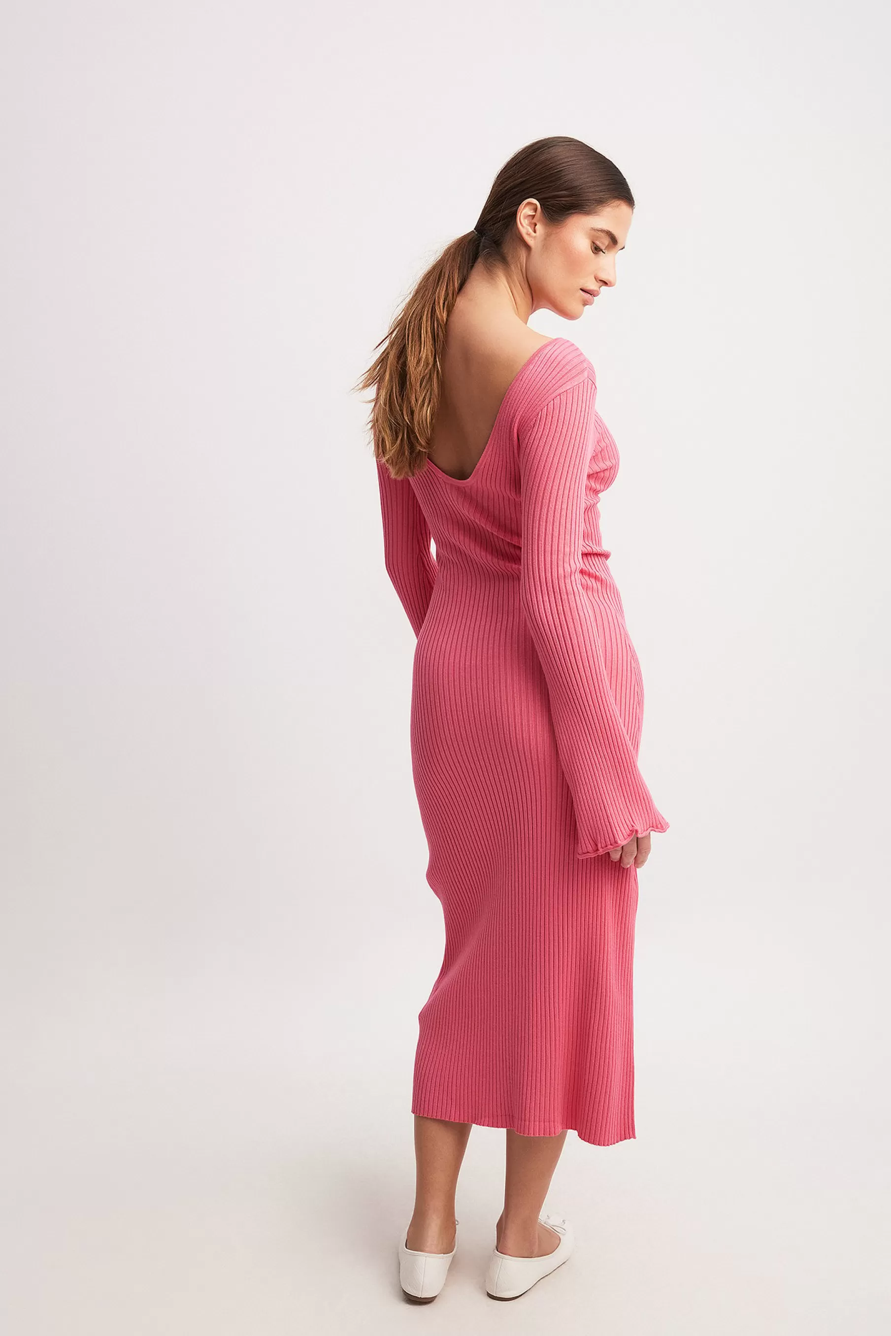 NA-KD Knitted Deep Back Maxi Dress Pink