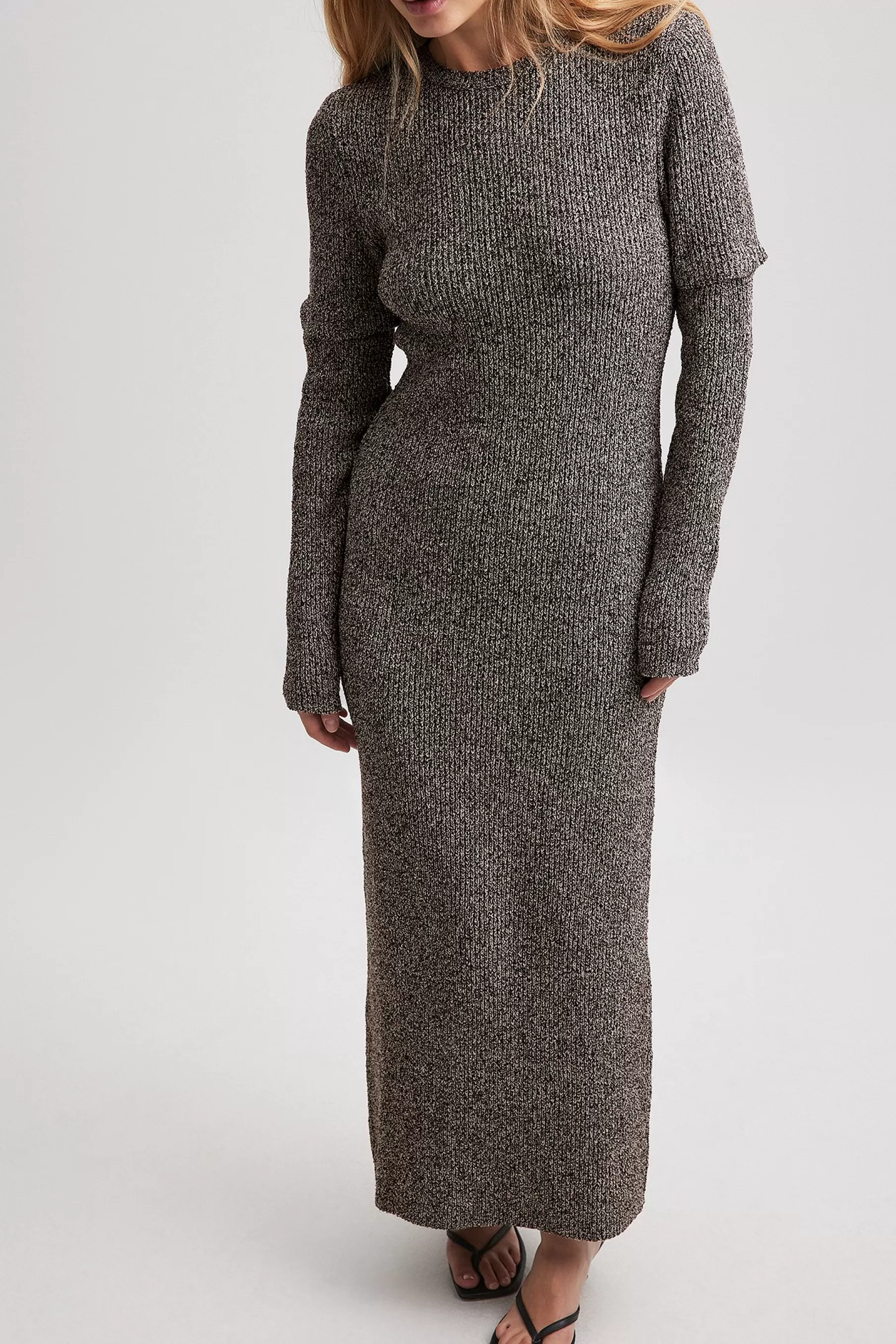 NA-KD Knitted Detachable Sleeve Dress Brown