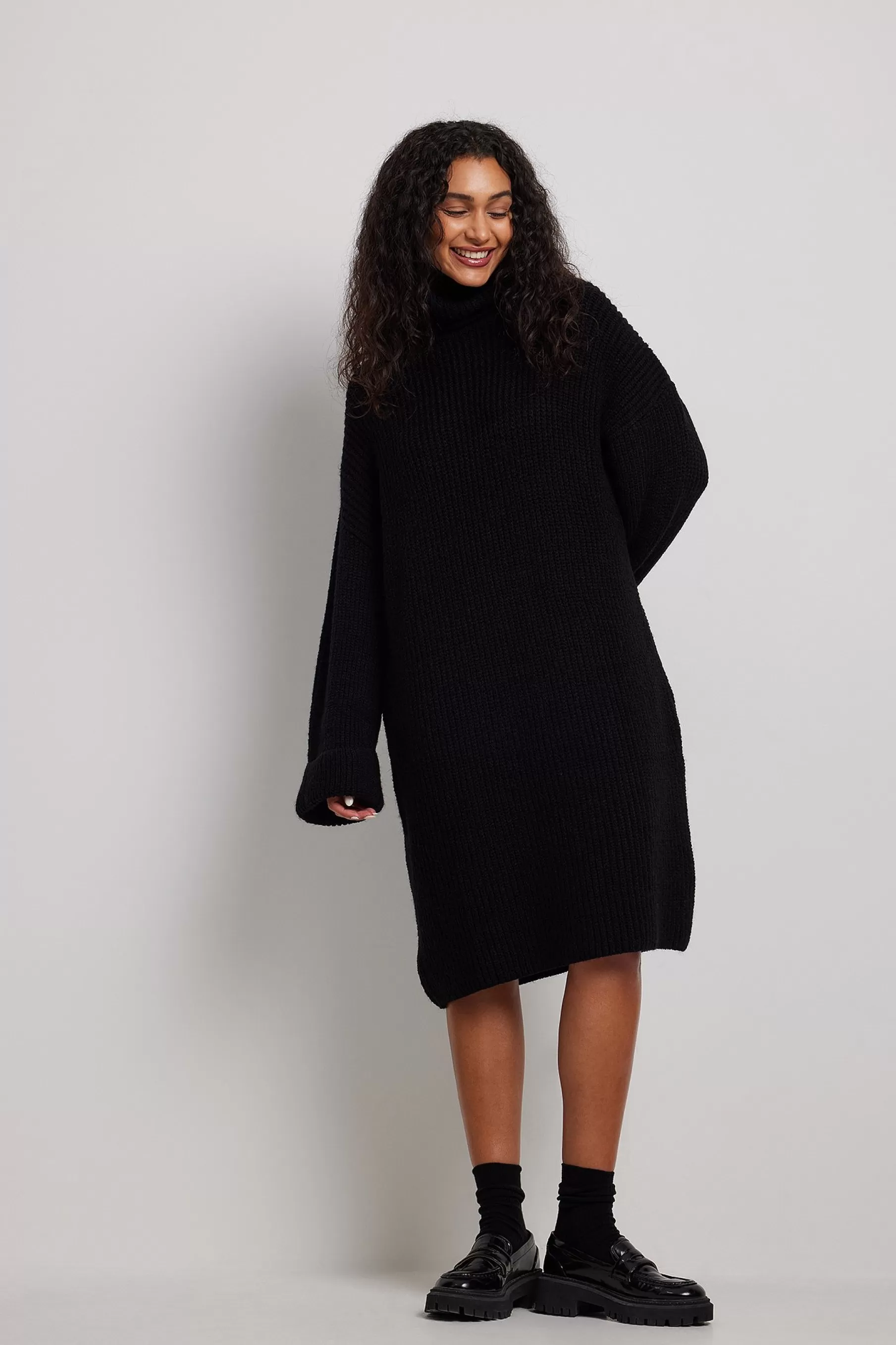 NA-KD Knitted Folded Sleeve Turtle Neck Long Sweater Black