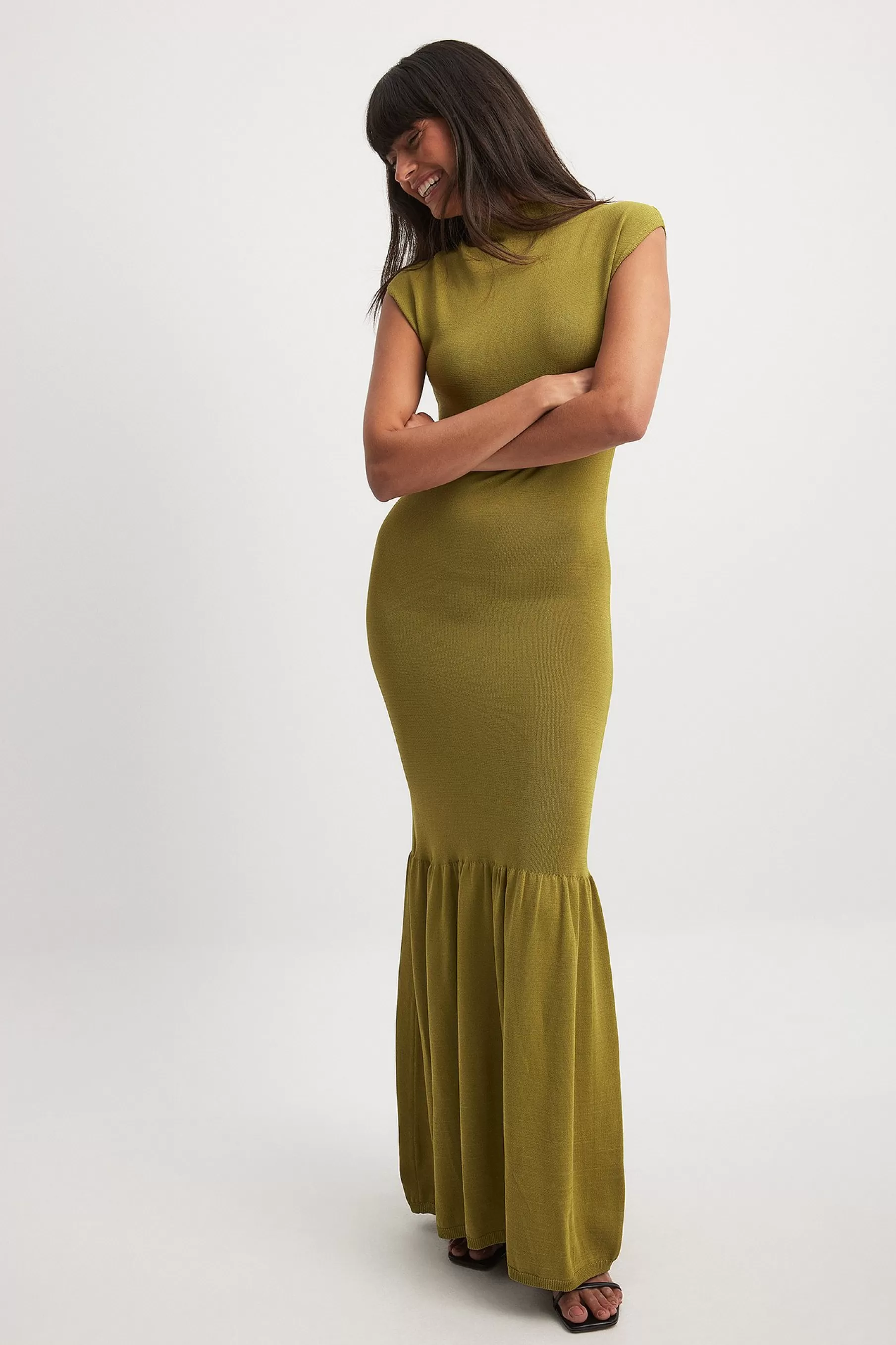 NA-KD Knitted Frill Maxi Dress Green