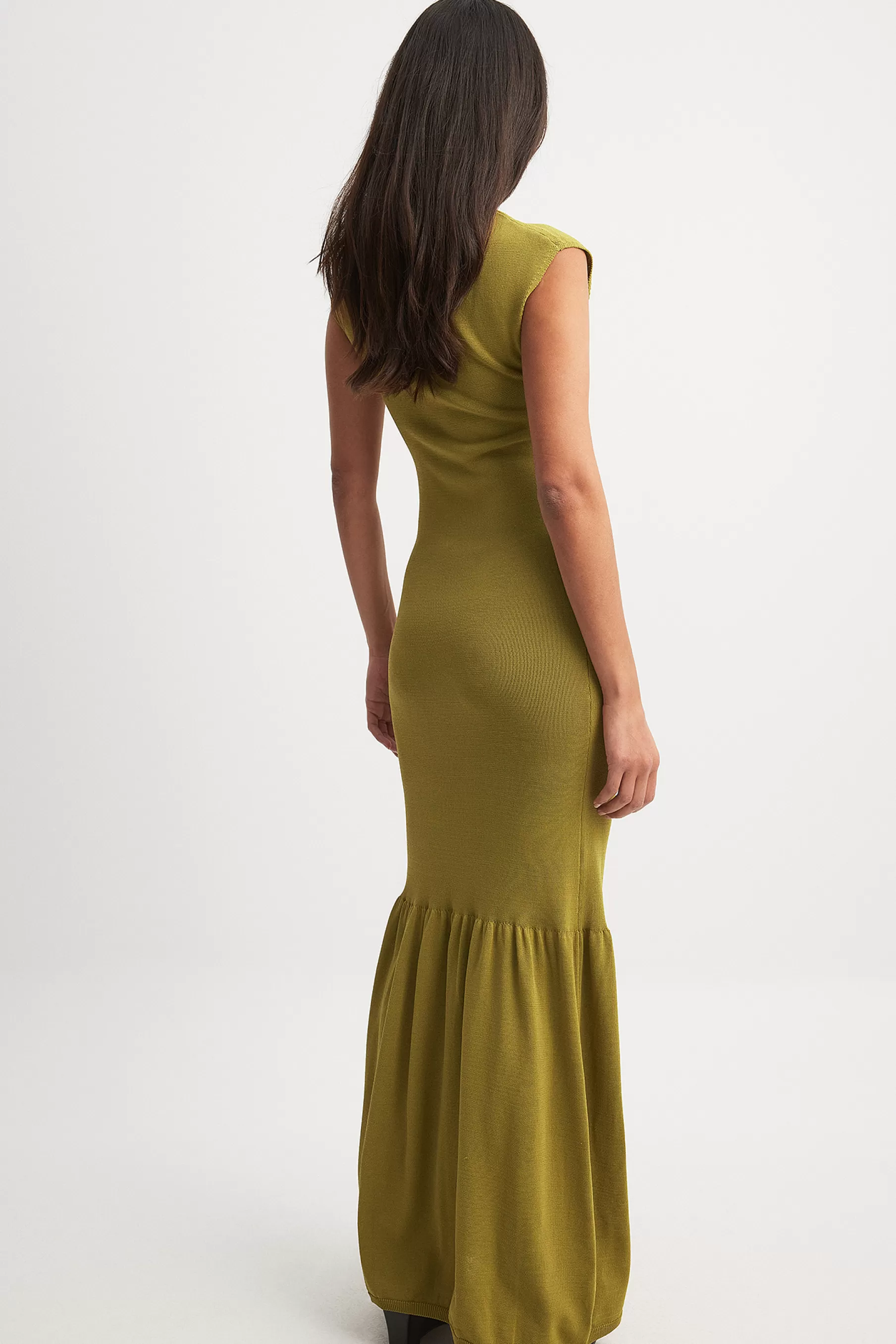 NA-KD Knitted Frill Maxi Dress Green