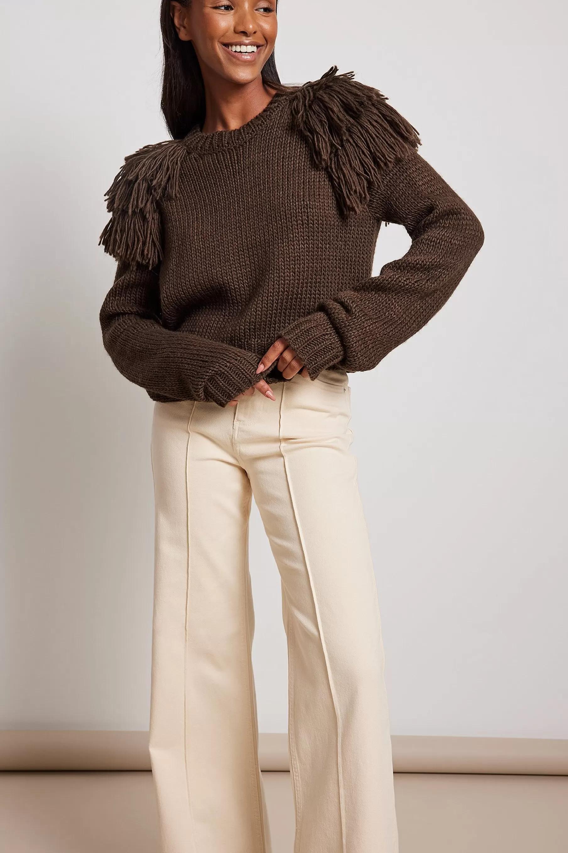 NA-KD Knitted Fringe Detail Sweater Brown