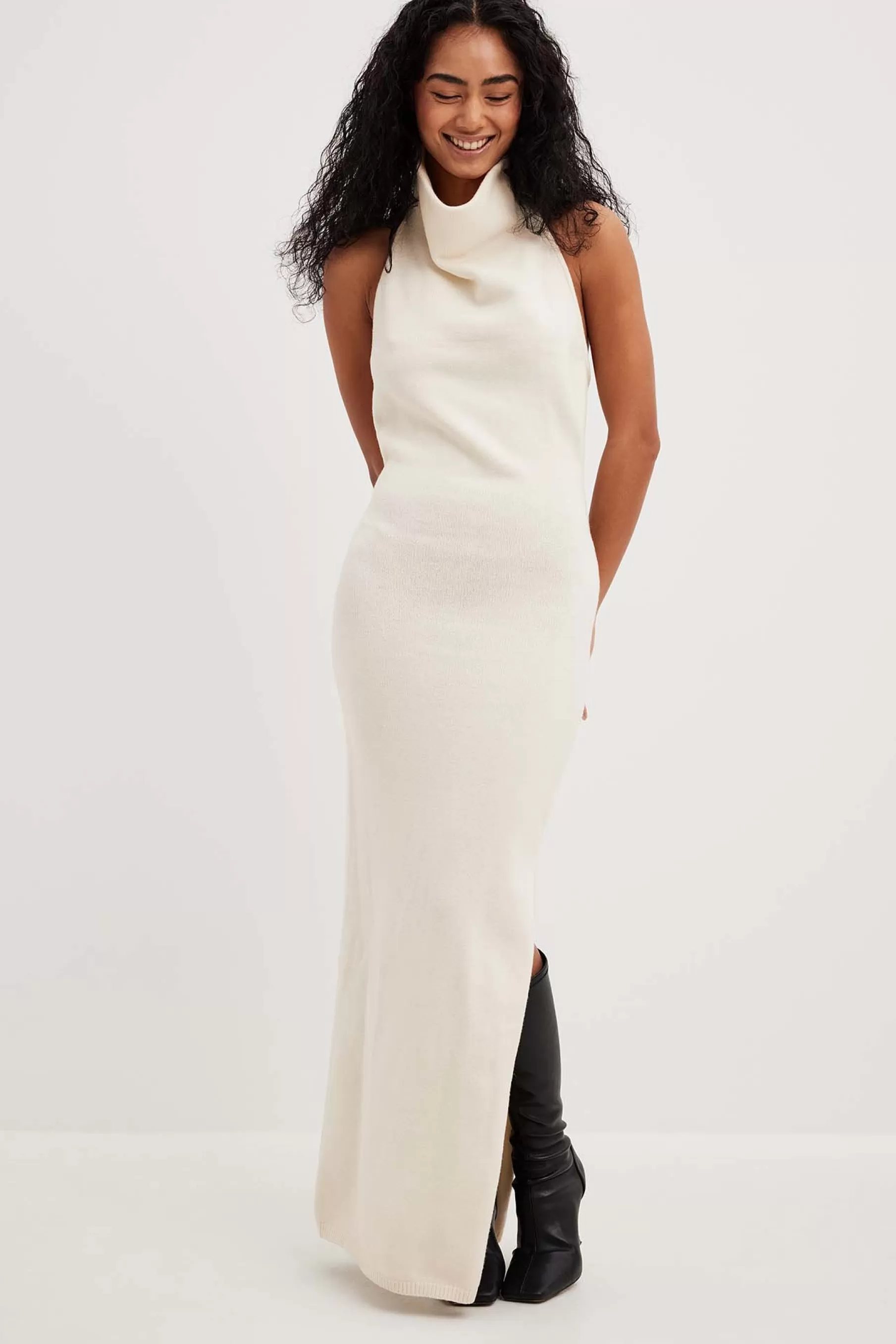 NA-KD Knitted Halterneck Maxi Dress Offwhite