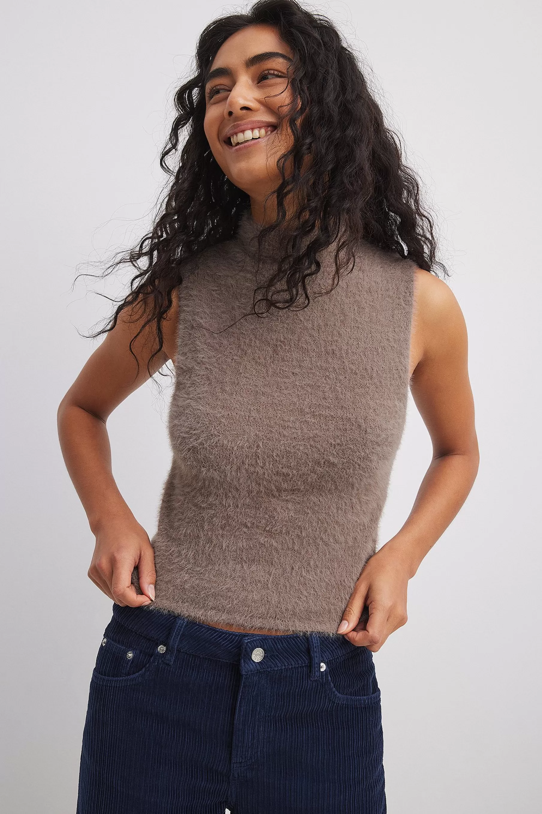 NA-KD Knitted High Neck Top Brown