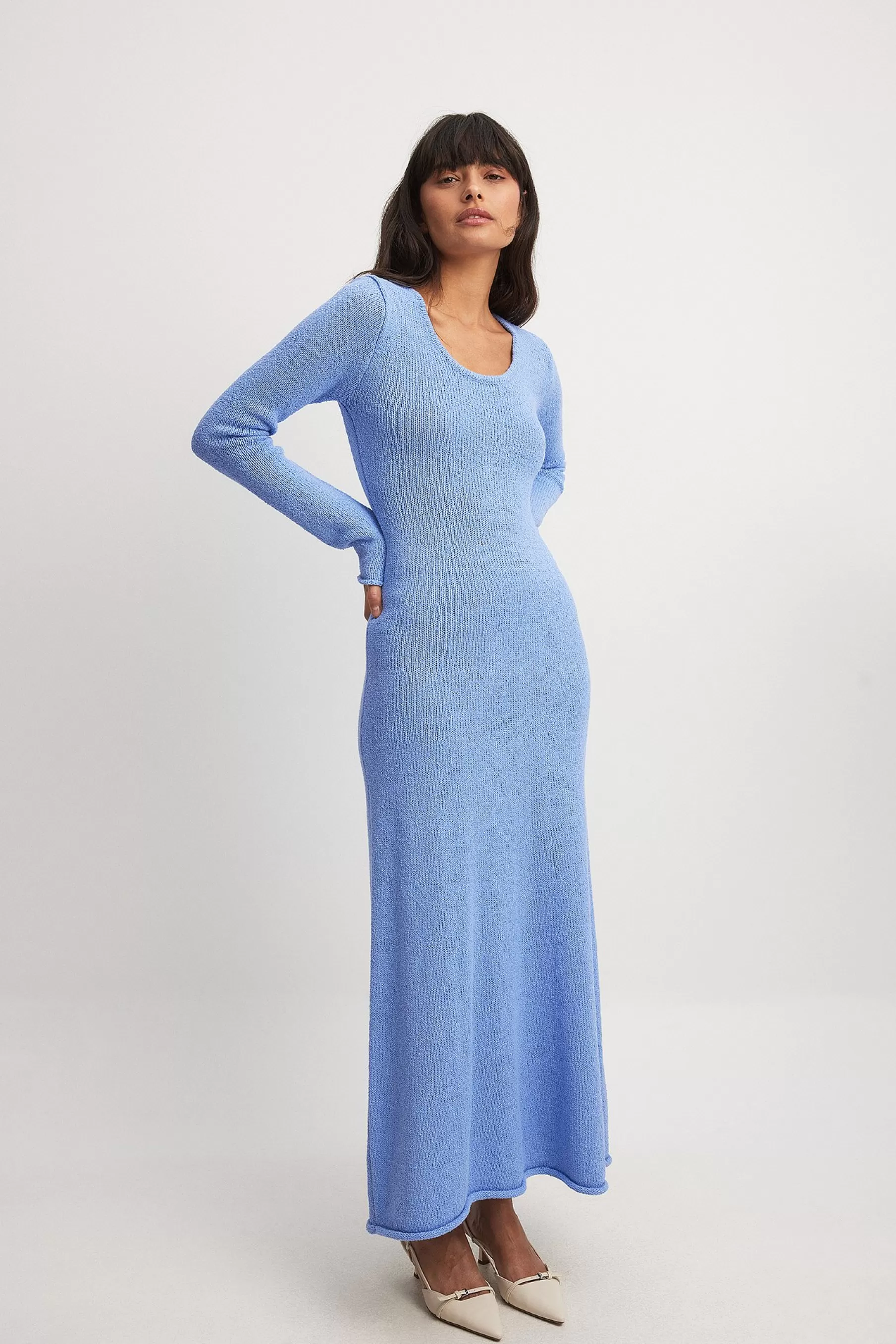 NA-KD Knitted Long Sleeve Maxi Dress Blue