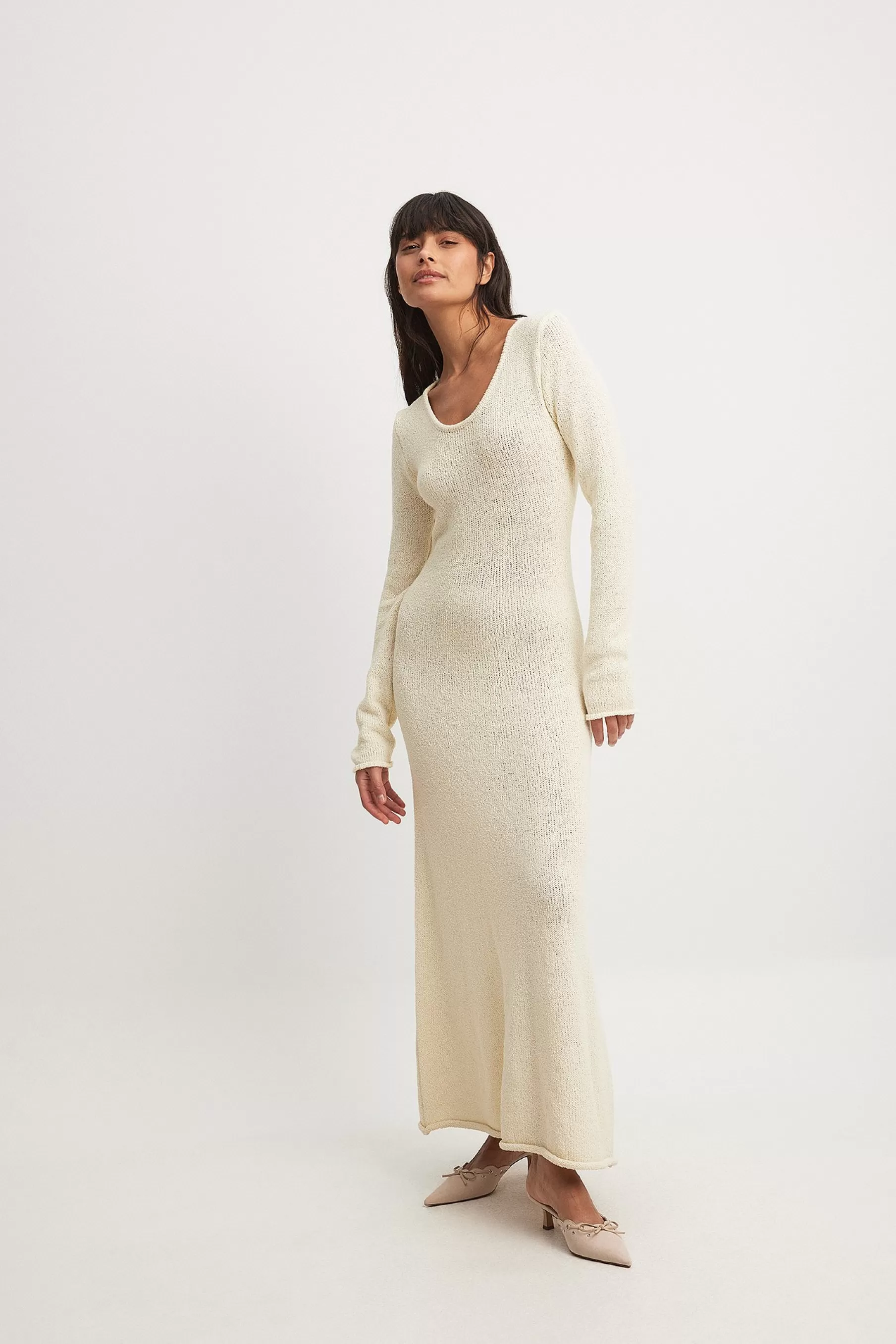 NA-KD Knitted Long Sleeve Maxi Dress Offwhite