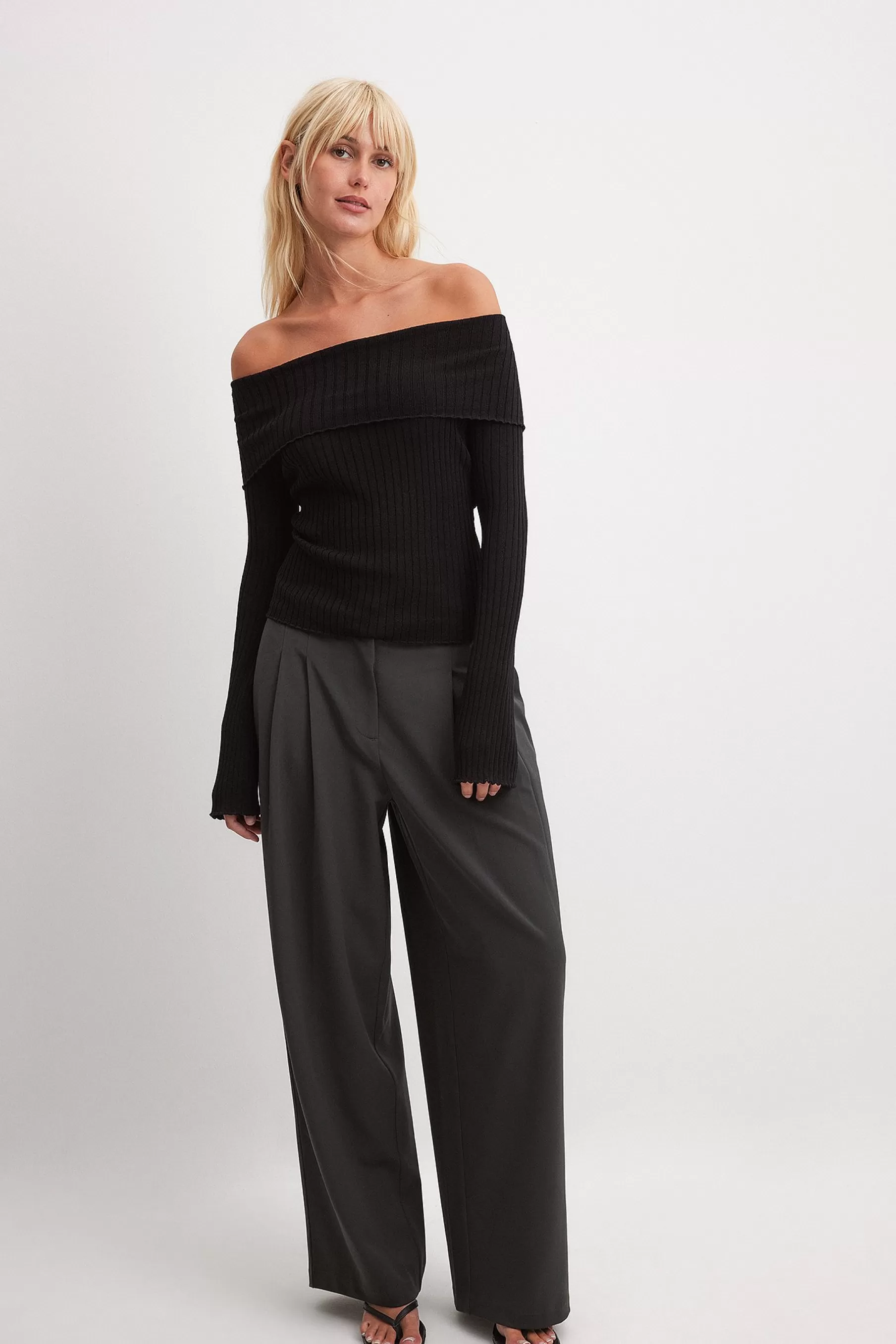 NA-KD Knitted Off Shoulder Top Black