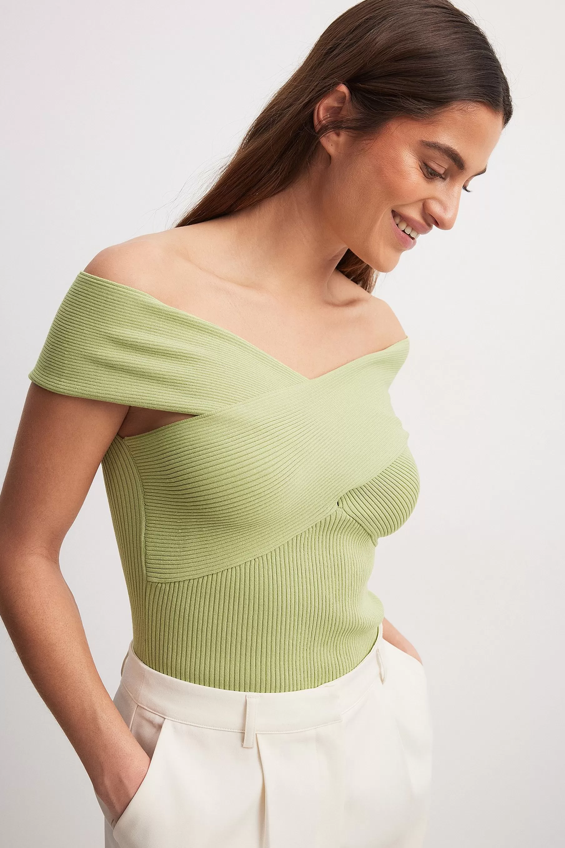 NA-KD Knitted Off Shoulder Top Green