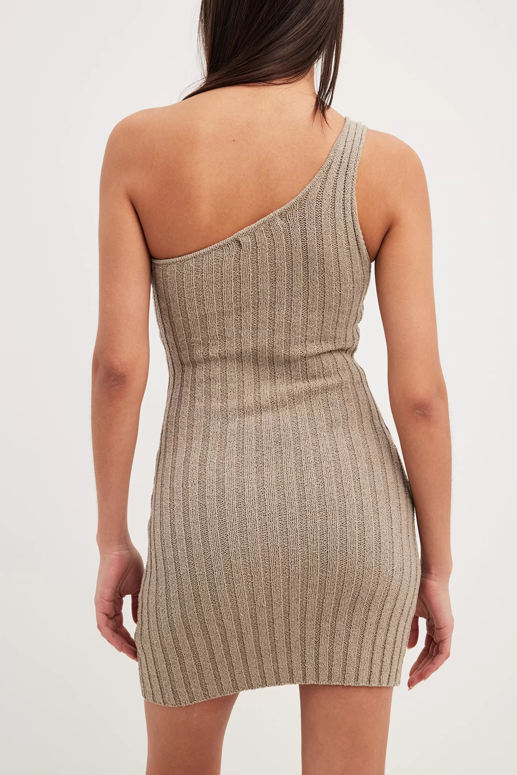 NA-KD Knitted One Shoulder Mini Dress Brown