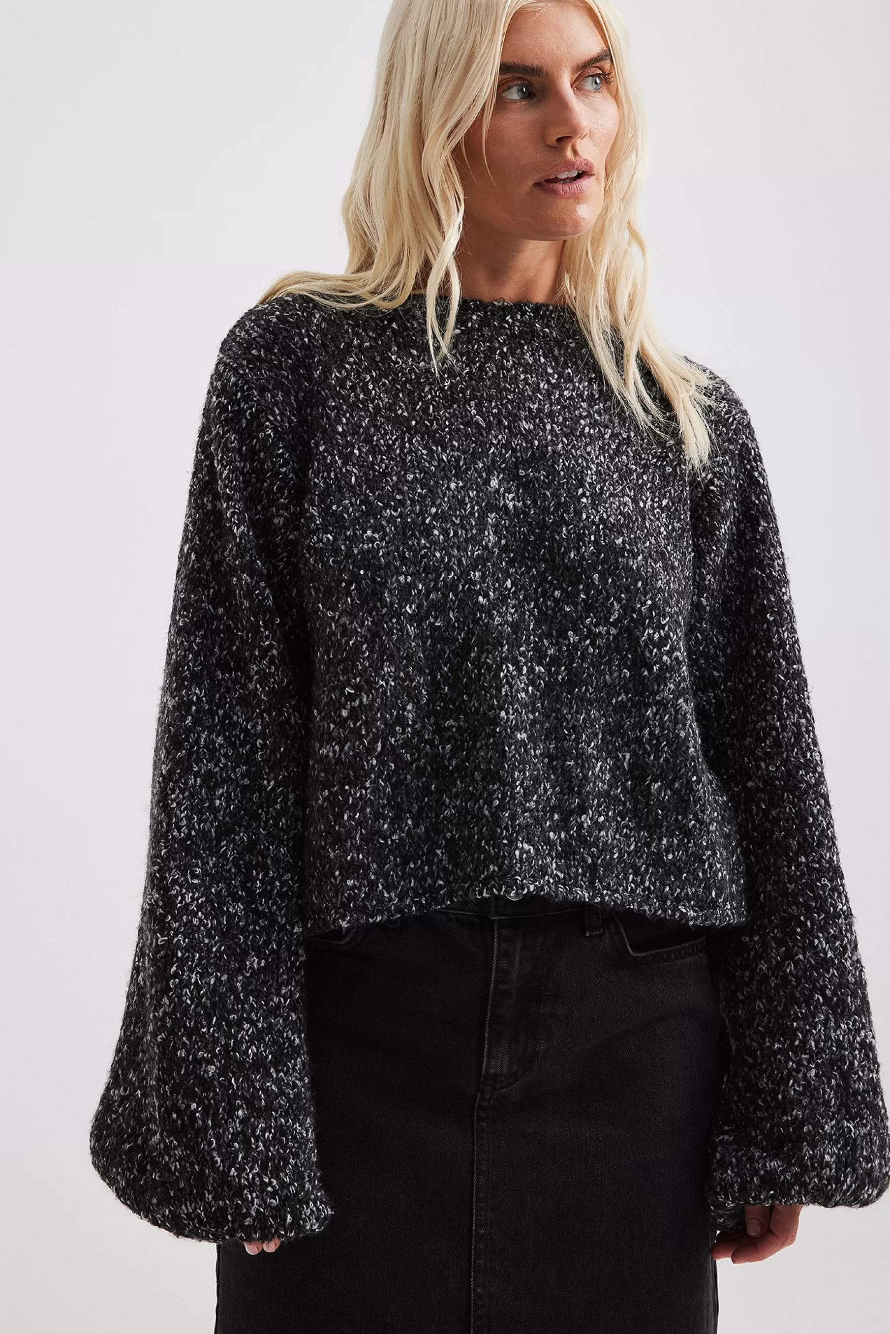 NA-KD Knitted Open Back Balloon Sleeve Sweater Black