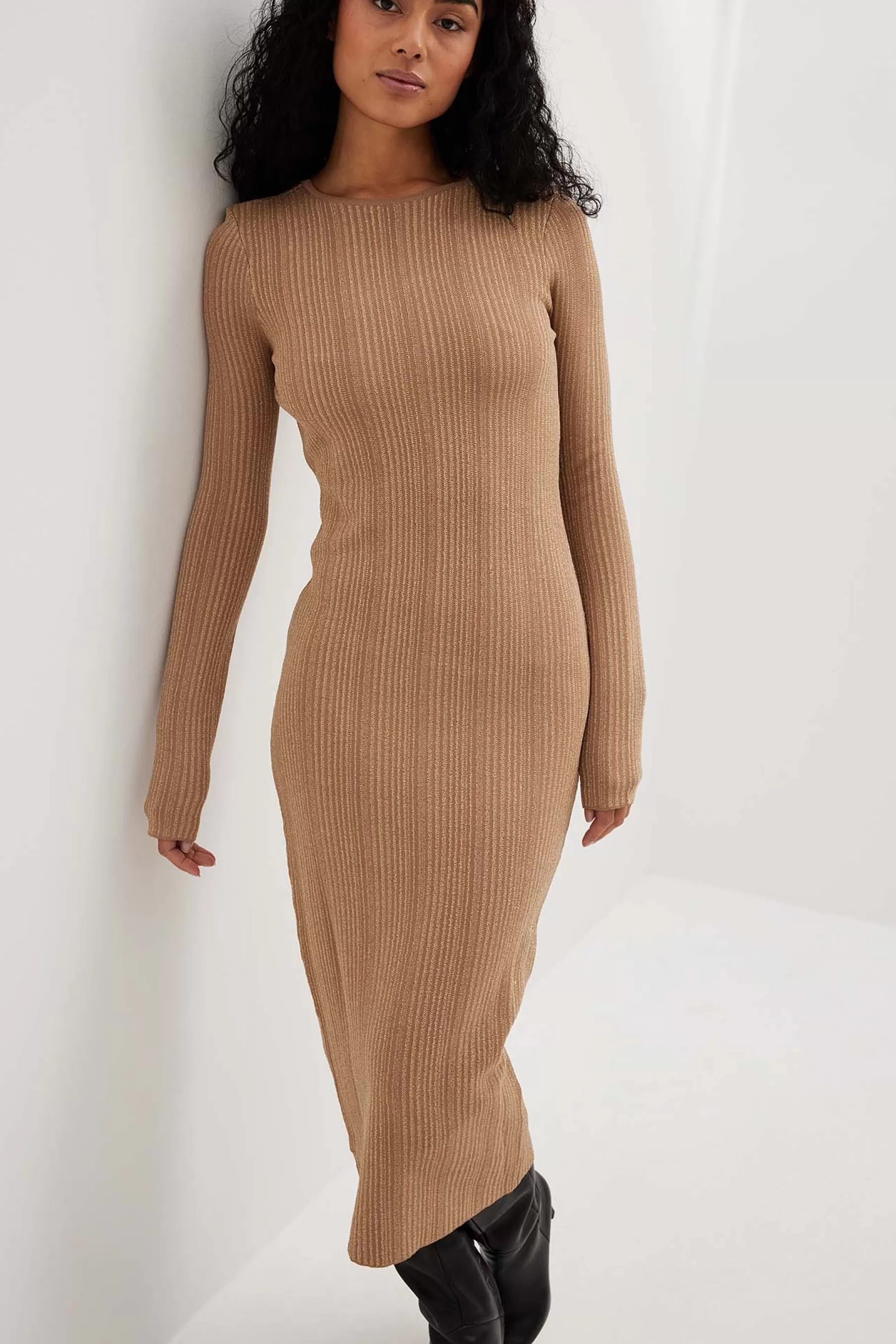 NA-KD Knitted Open Back Lurex Maxi Dress Beige