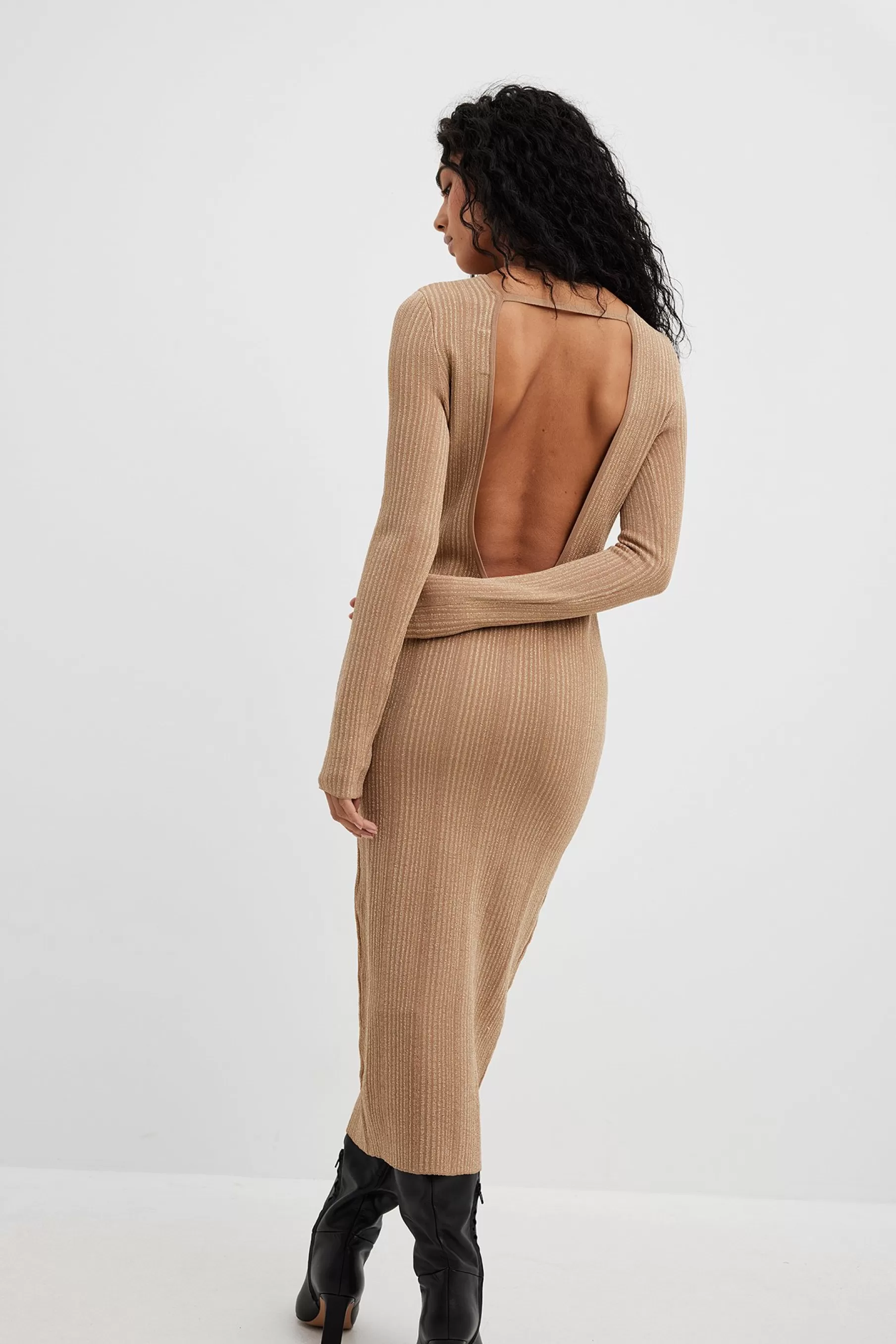 NA-KD Knitted Open Back Lurex Maxi Dress Beige