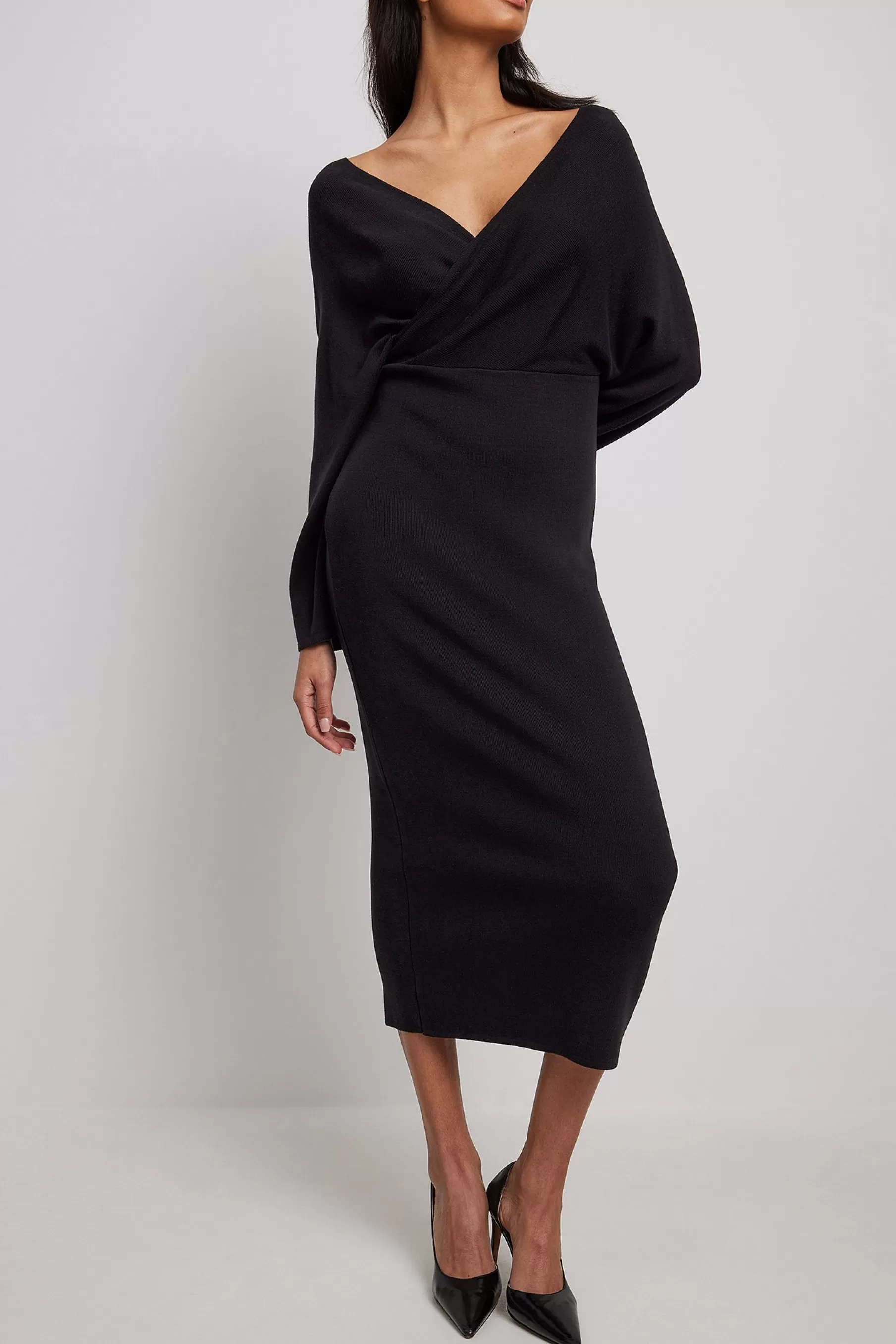 NA-KD Knitted Overlap Detail Midi Dress Black