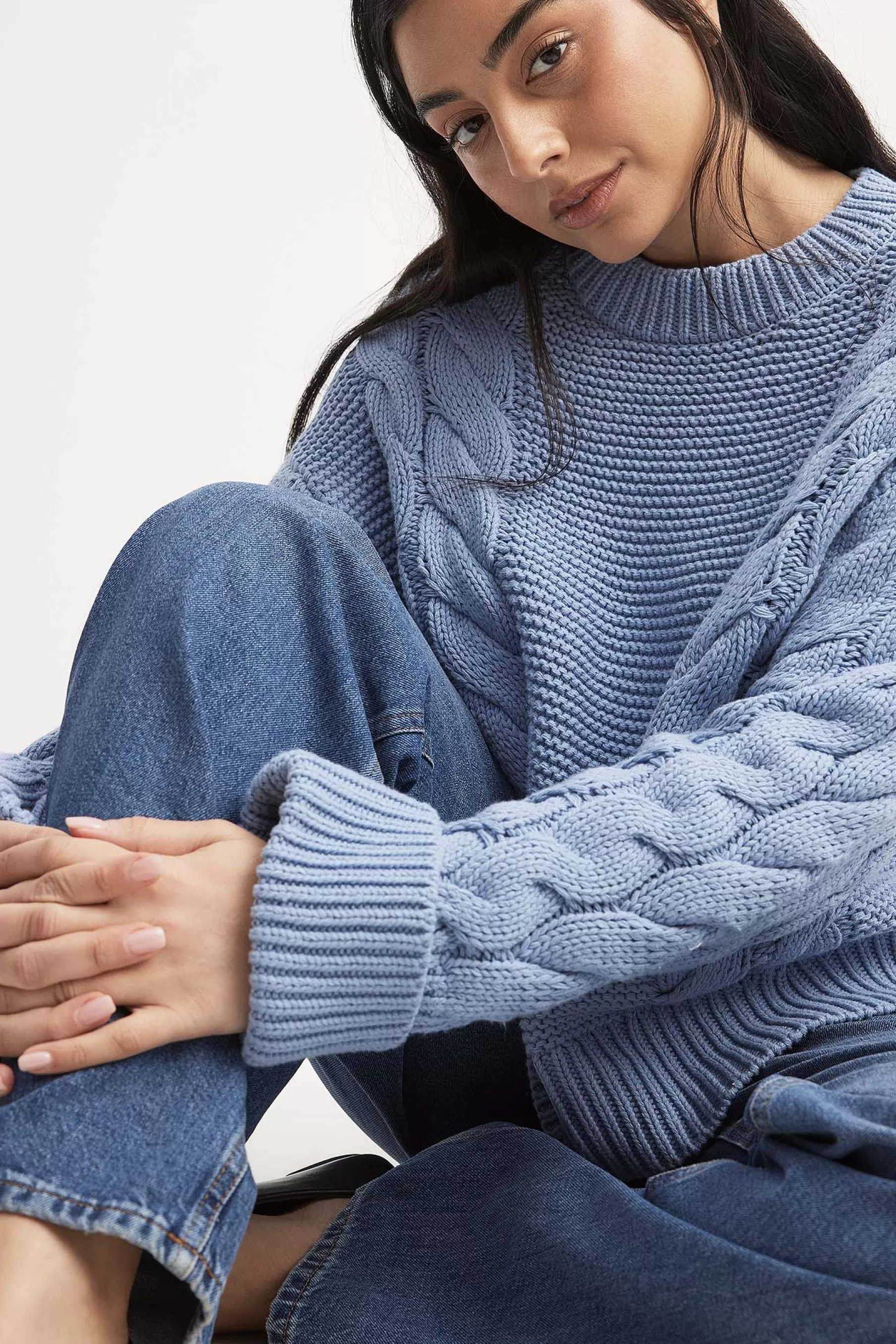 NA-KD Knitted Oversized Cable Sweater Blue