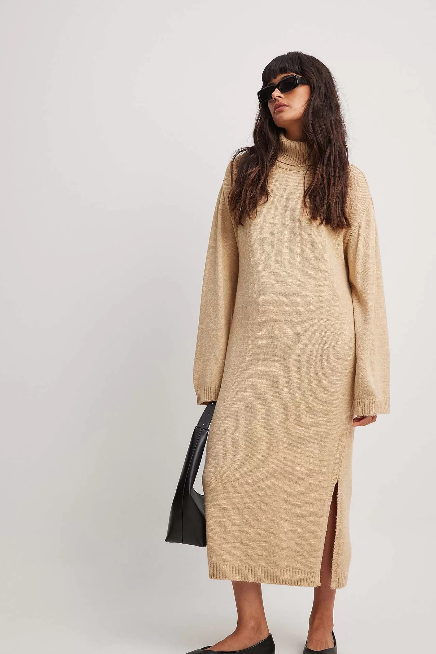 NA-KD Knitted Oversized Midi Dress Beige