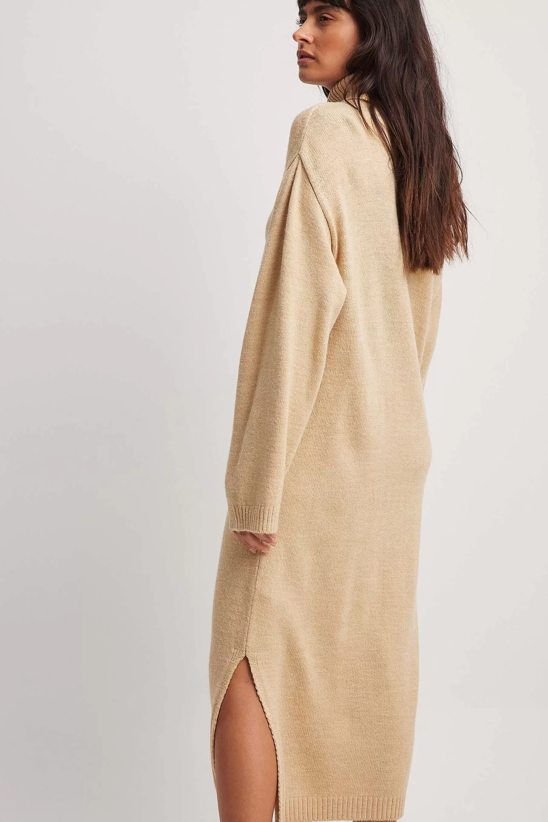 NA-KD Knitted Oversized Midi Dress Beige